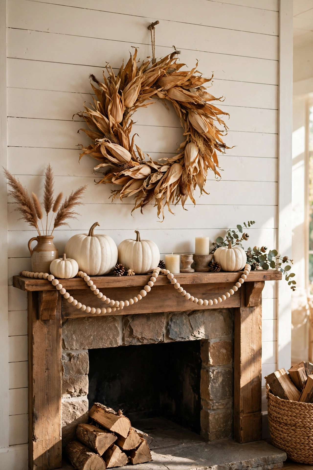 Handmade dried corn husk wreath hanging above a simply styled Thanksgiving mantel