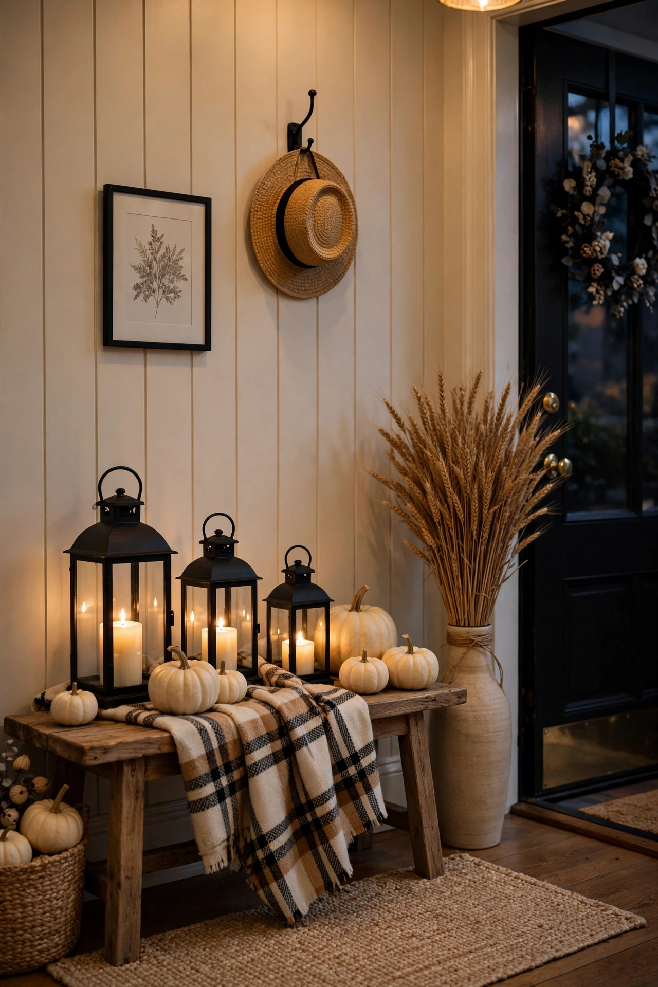 Elegant Halloween entryway with black lanterns, cream pumpkins and plaid throw on a bench