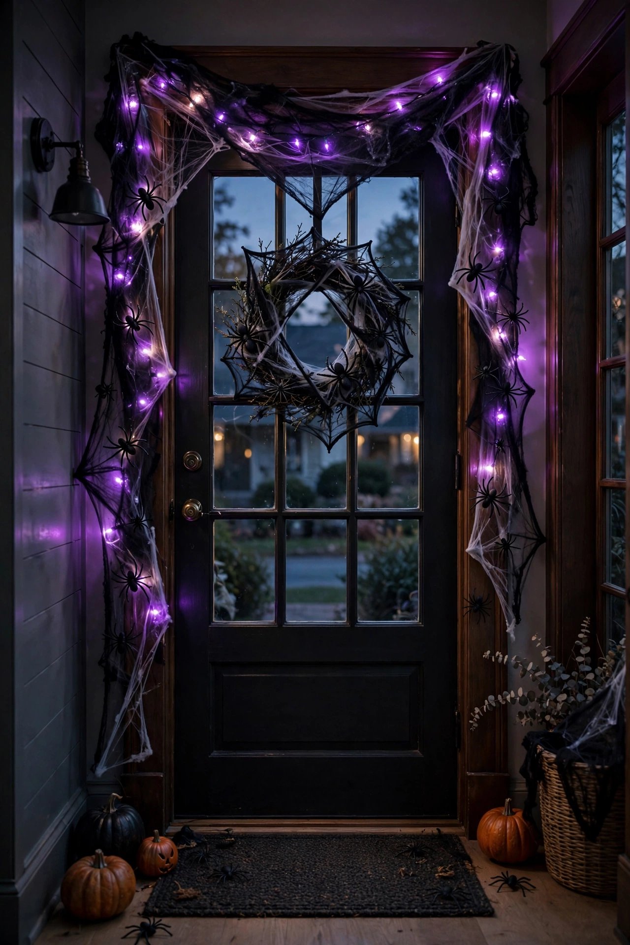 Spooky front door entryway with black spiderweb garland and glowing purple string lights