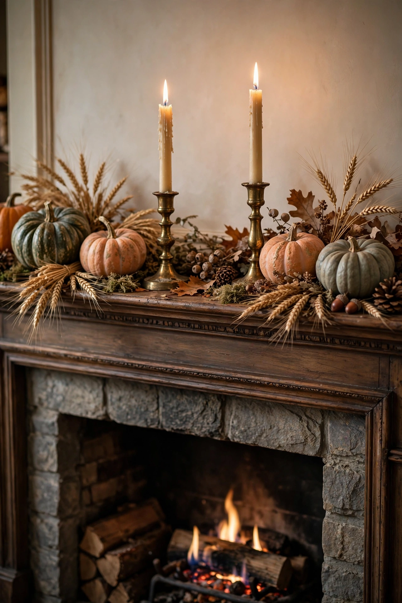 Vintage brass candlesticks with cream tapers and heirloom pumpkins on a Thanksgiving mantel