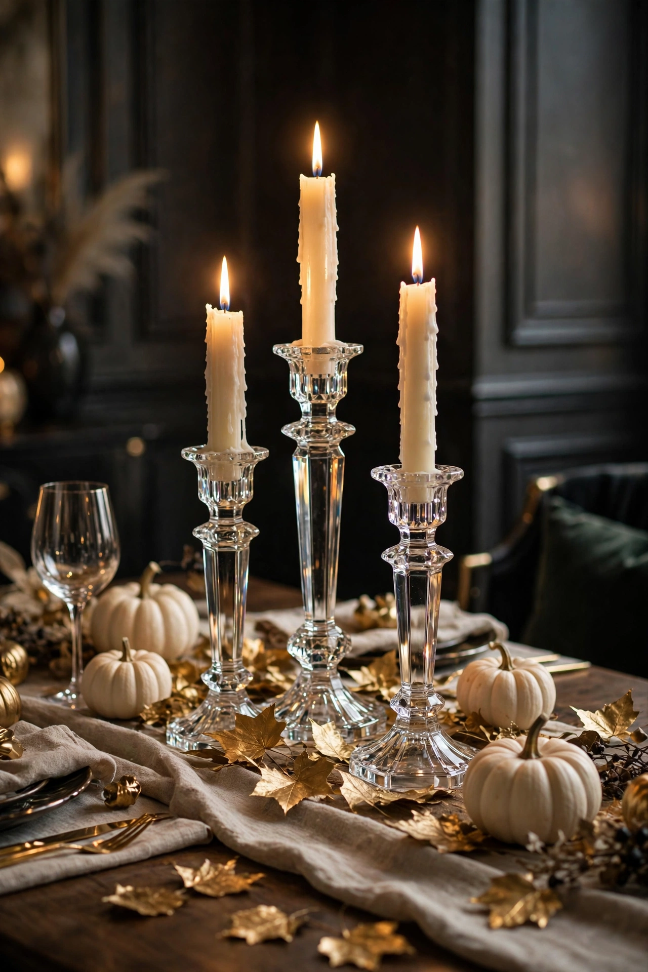 Crystal candlesticks with ivory candles and gold leaves as an elegant Halloween centerpiece