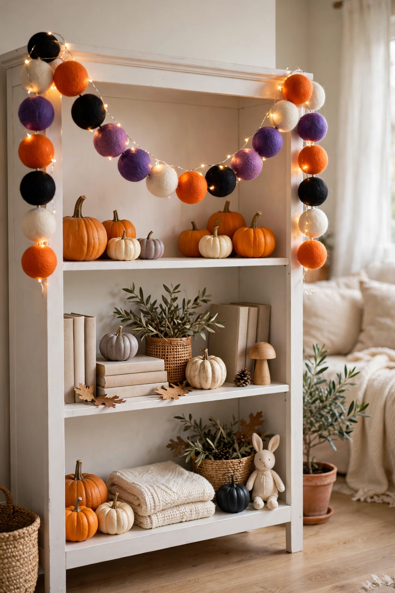Colorful felt ball Halloween garland with warm white fairy lights swagged on a white bookshelf