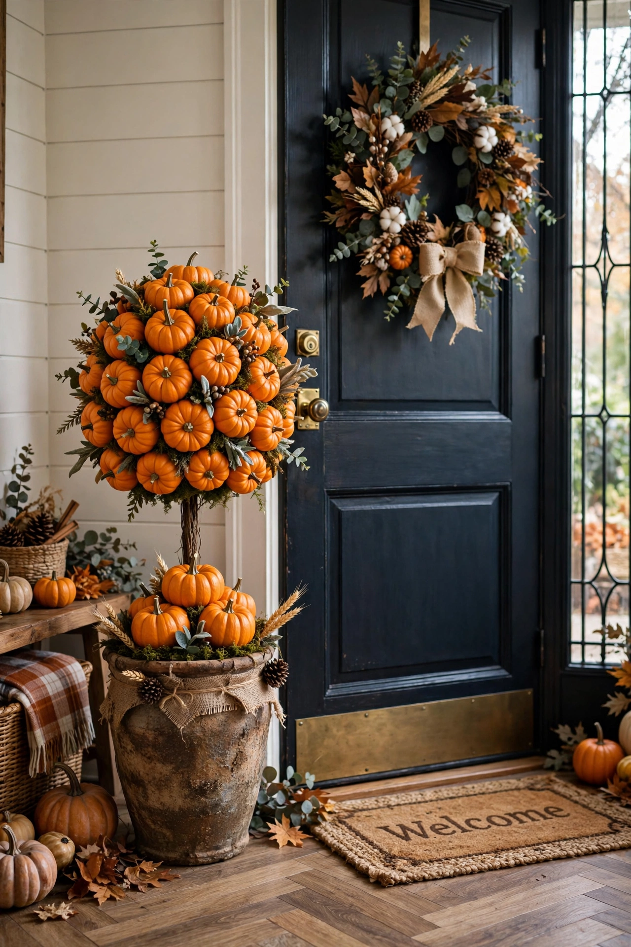 Mini pumpkin topiary in a rustic pot by a front door