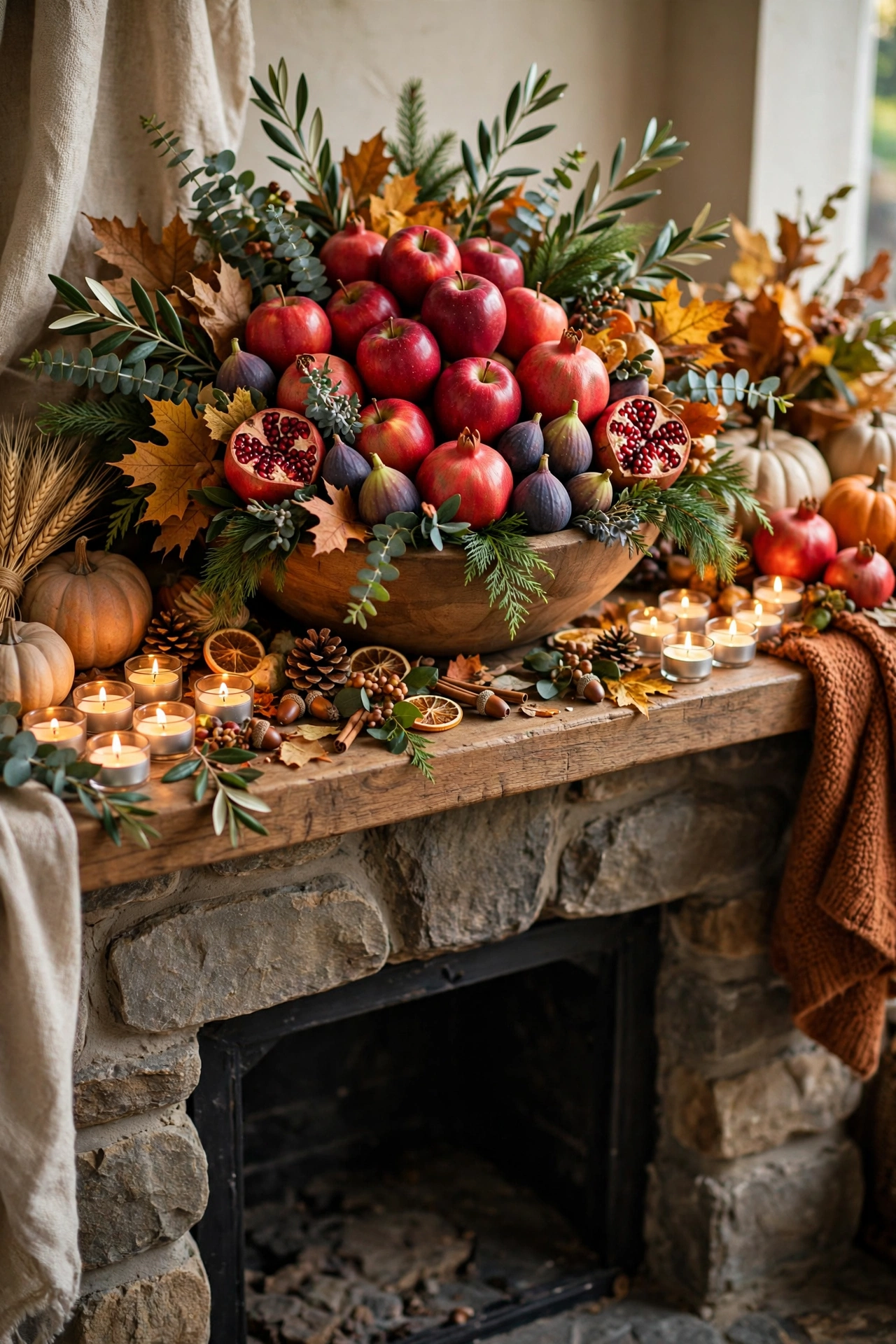 Wooden bowl overflowing with apples pomegranates and figs as a Thanksgiving mantel centerpiece