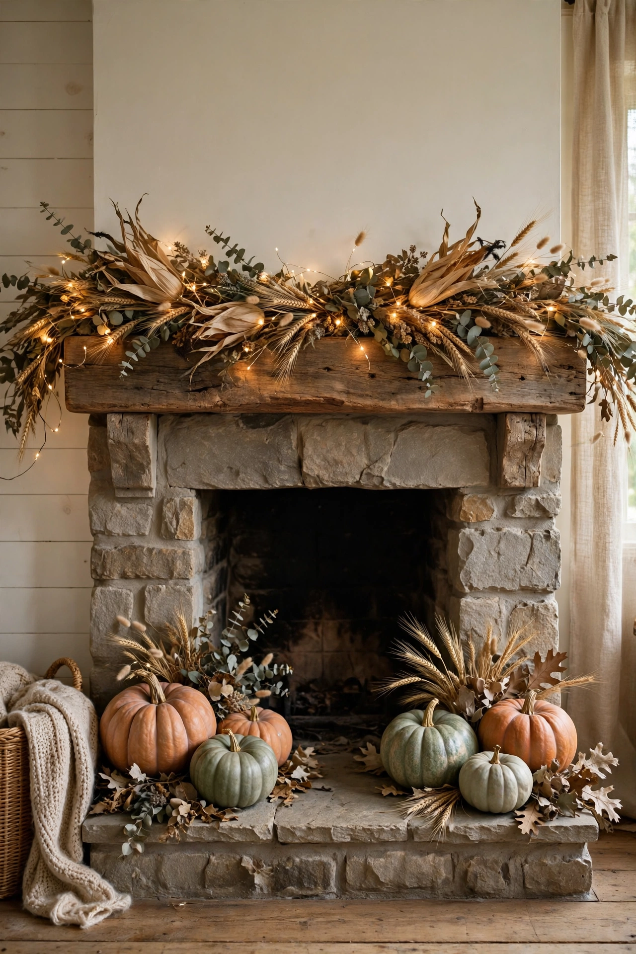 Rustic farmhouse mantel with dried corn husk garland, wheat and warm fairy lights with heirloom pumpkins
