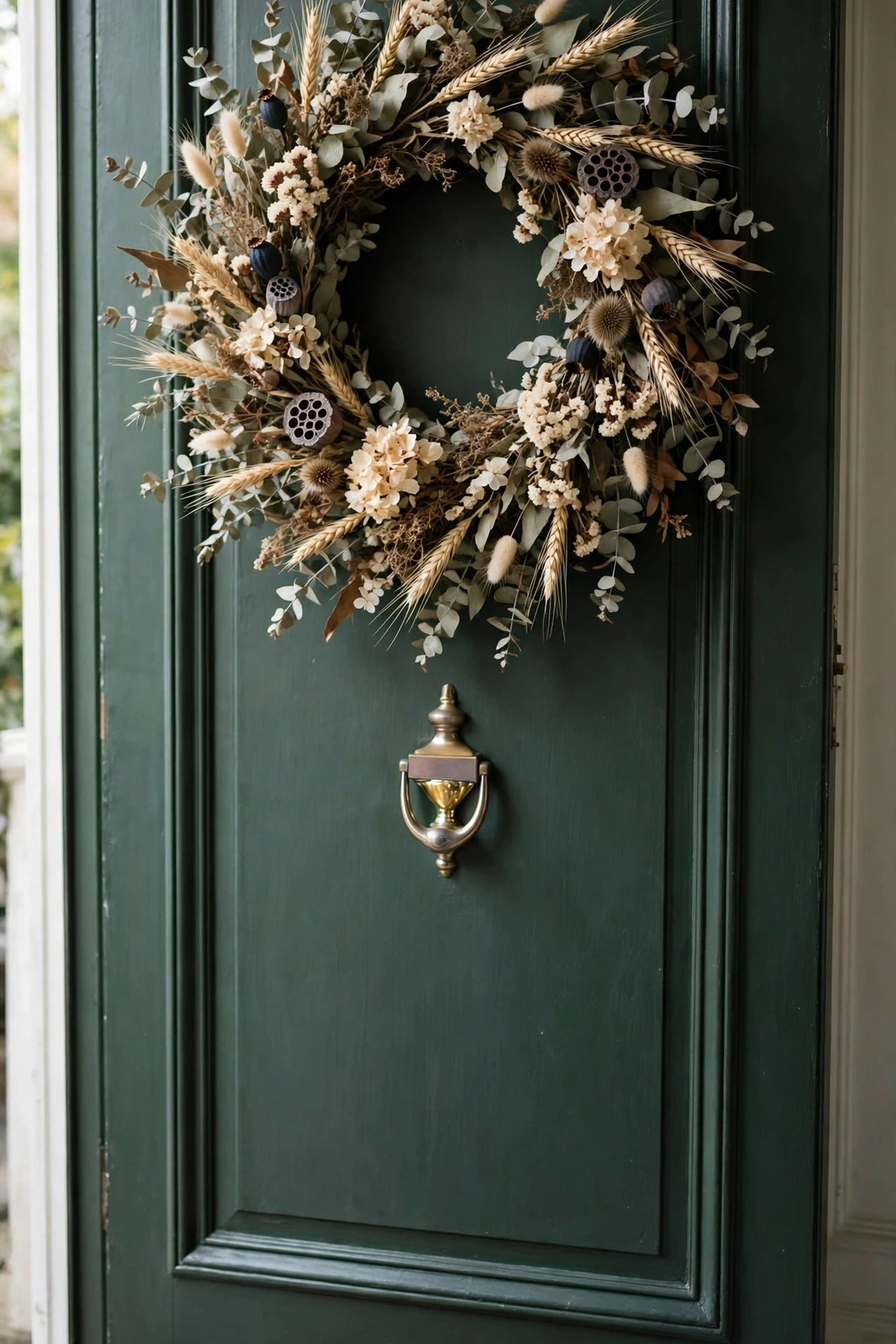 Dried eucalyptus and wheat wreath on a dark green front door