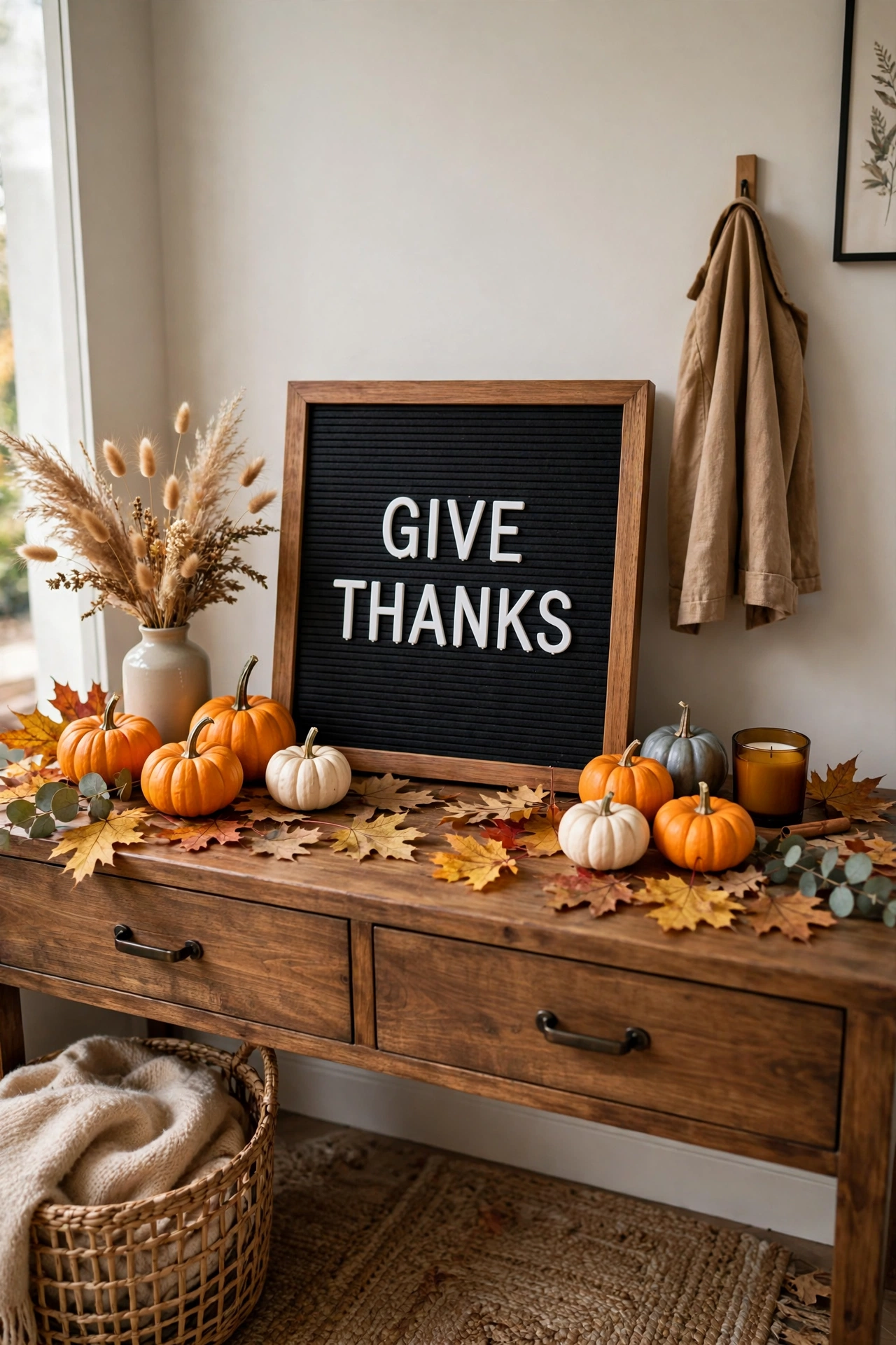 Give Thanks letter board sign on an entryway console with pumpkins