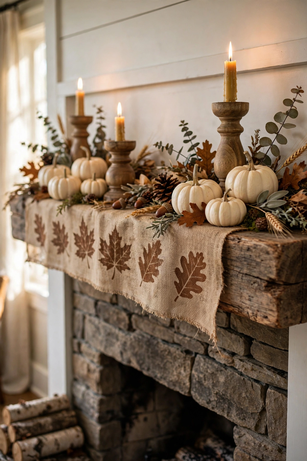 Burlap runner with stenciled fall leaves on a rustic Thanksgiving mantel