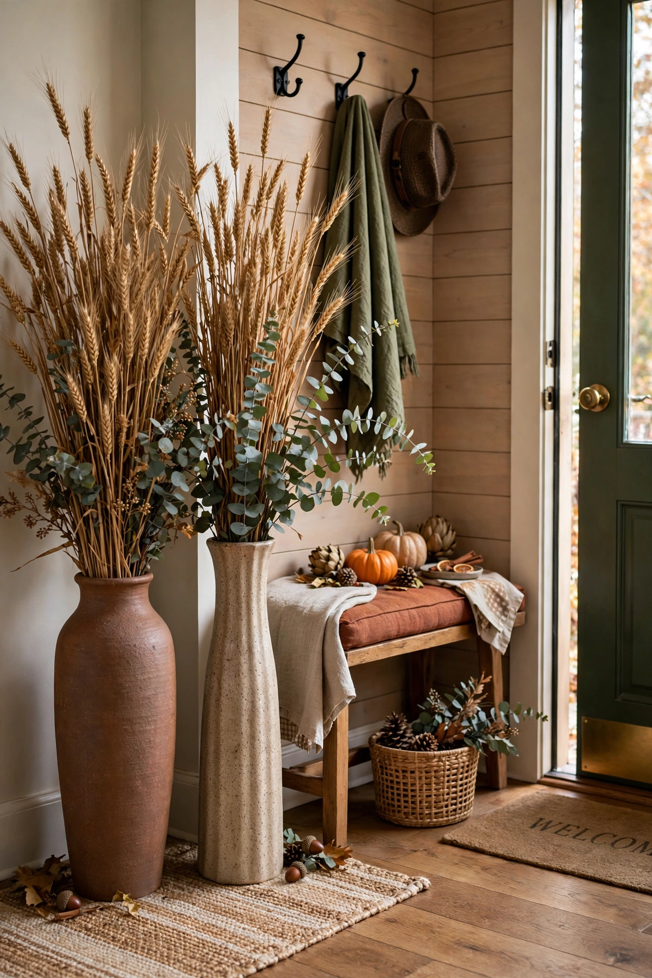 Tall vases with dried wheat and eucalyptus in an entryway corner