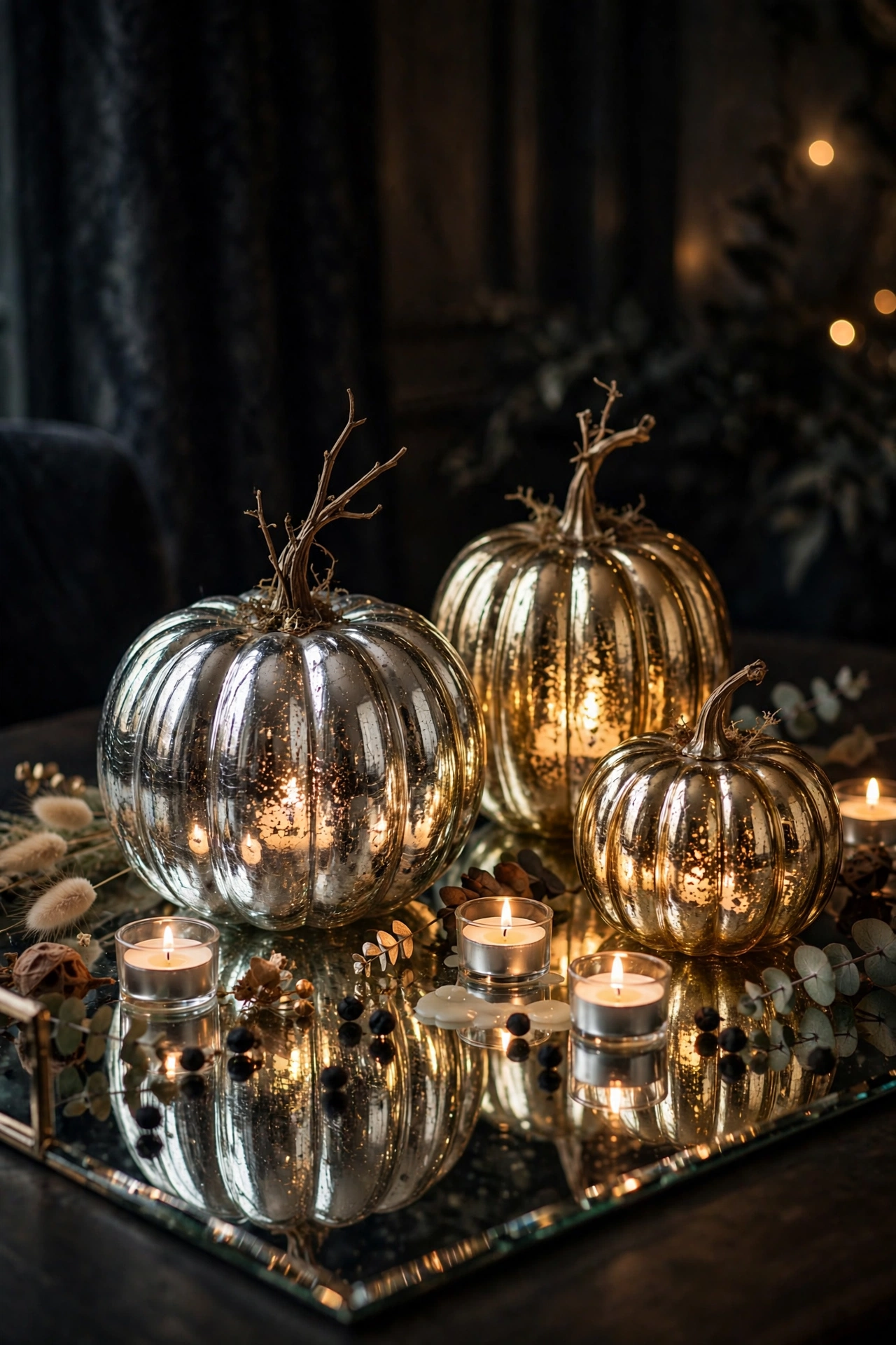 Silver and gold mercury glass pumpkins glowing on a mirrored tray with tea lights
