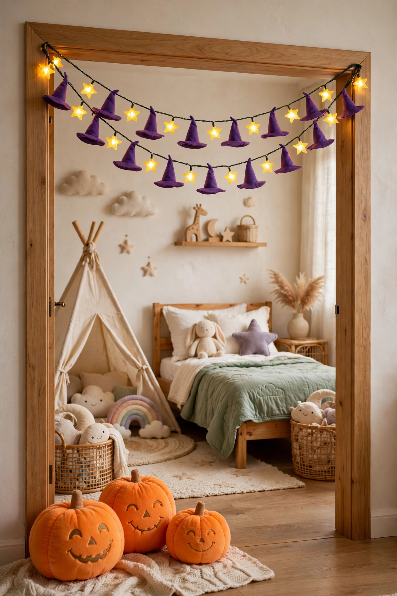 Kid-friendly Halloween garland of mini witch hats and glowing star string lights in a child's bedroom doorway