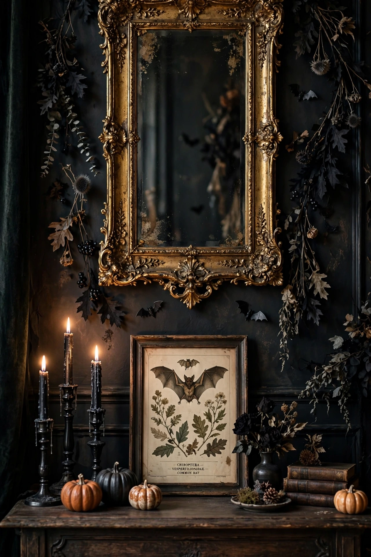 Antique gold mirror above a console styled with black candlesticks and ceramic pumpkins