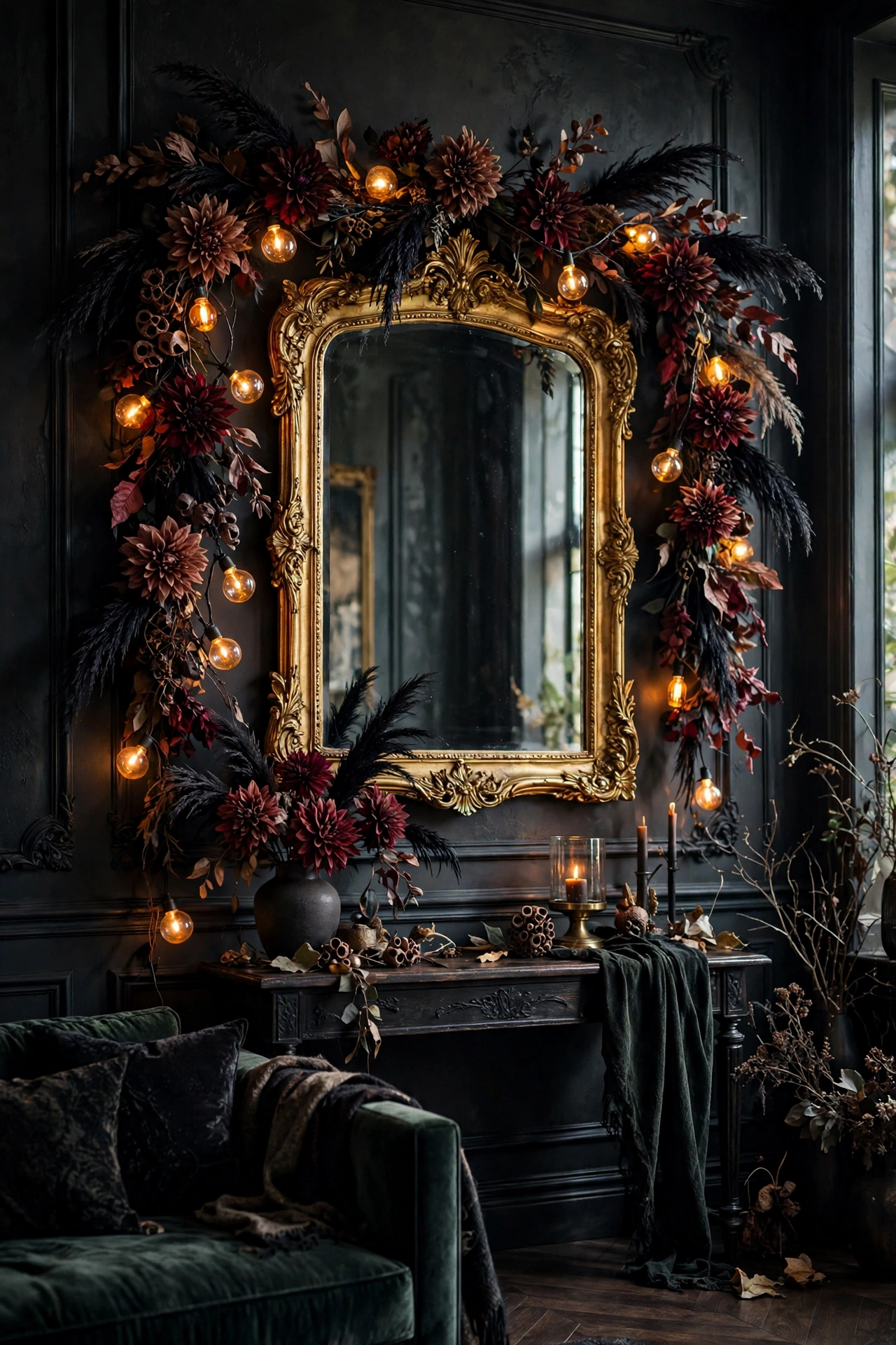 Elegant Halloween garland of dried burgundy flowers and amber glass string lights over a gold mirror