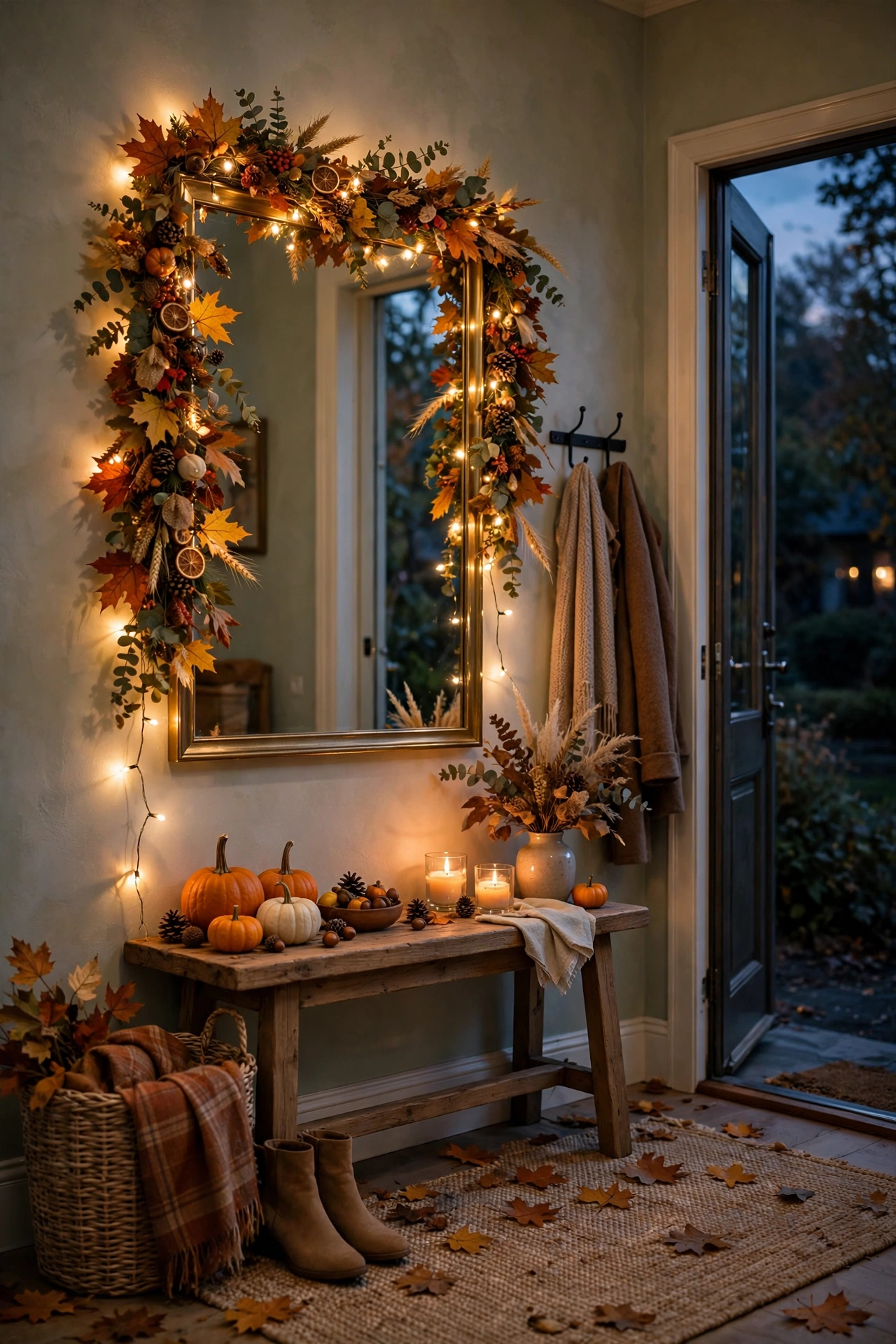 Fairy string lights draped on an entryway mirror with fall garland