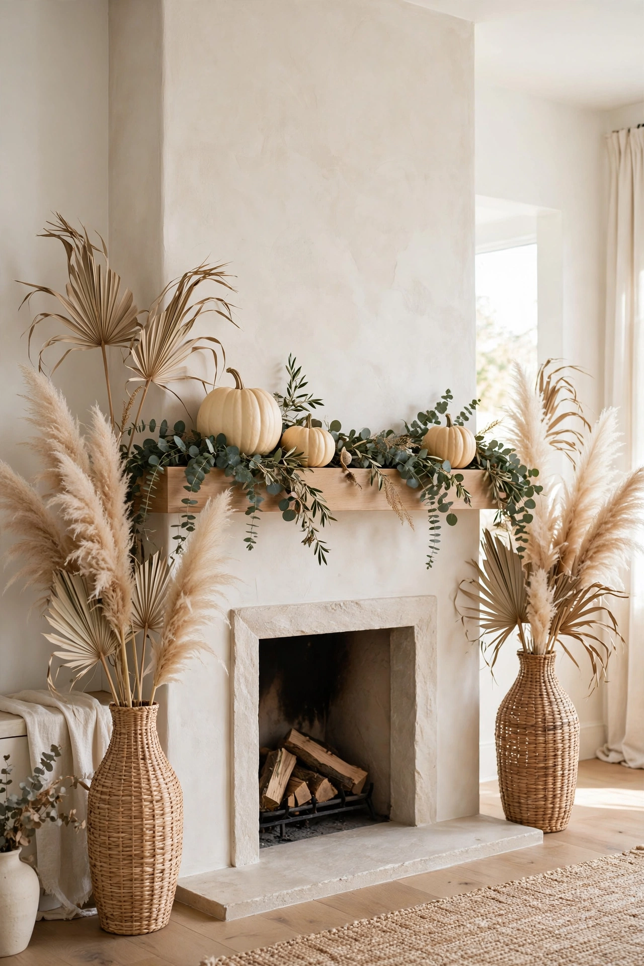 Tall vases with pampas grass flanking a minimalist Thanksgiving mantel