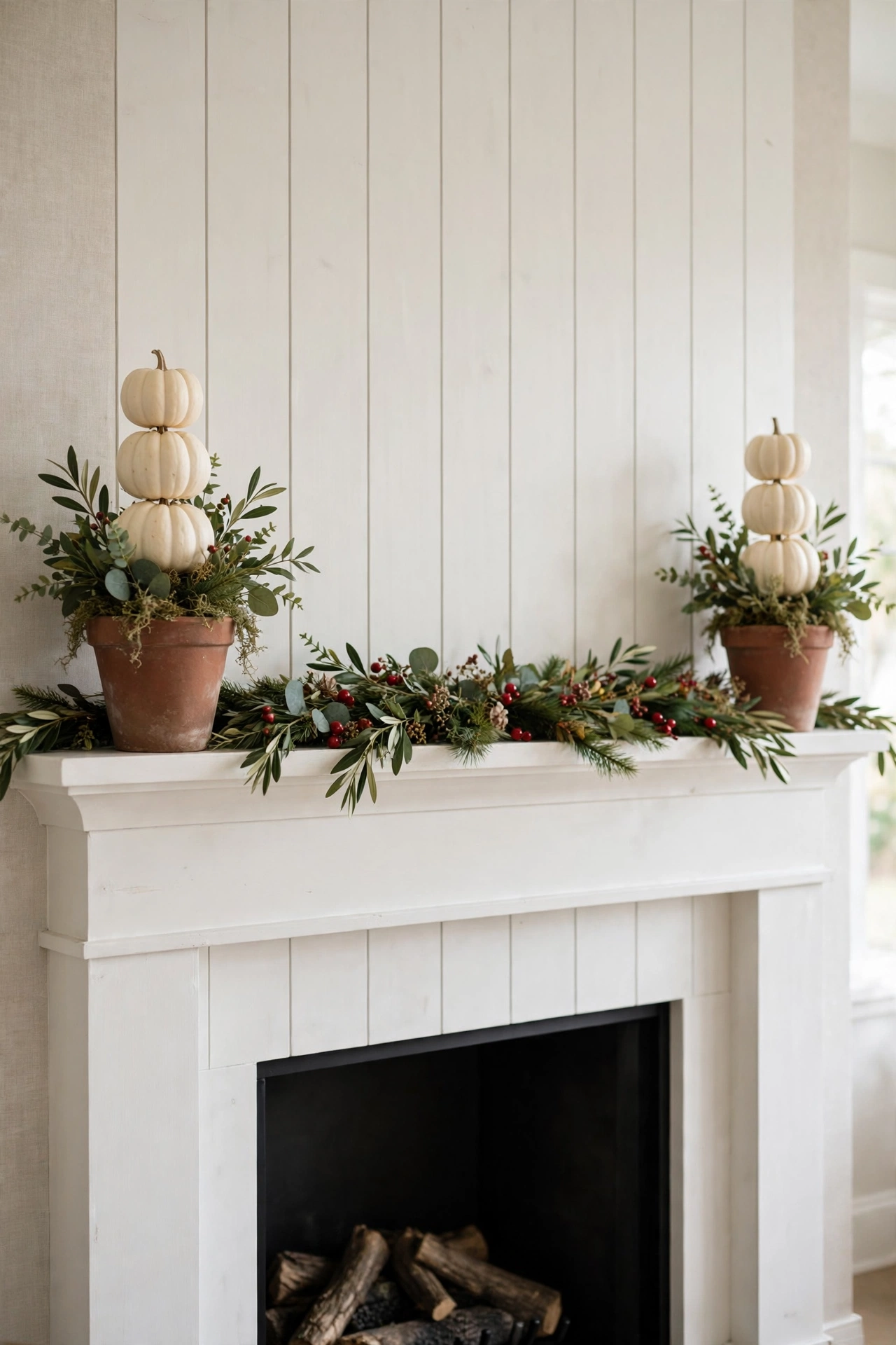 Matching mini white pumpkin topiaries in terracotta pots on a Thanksgiving mantel