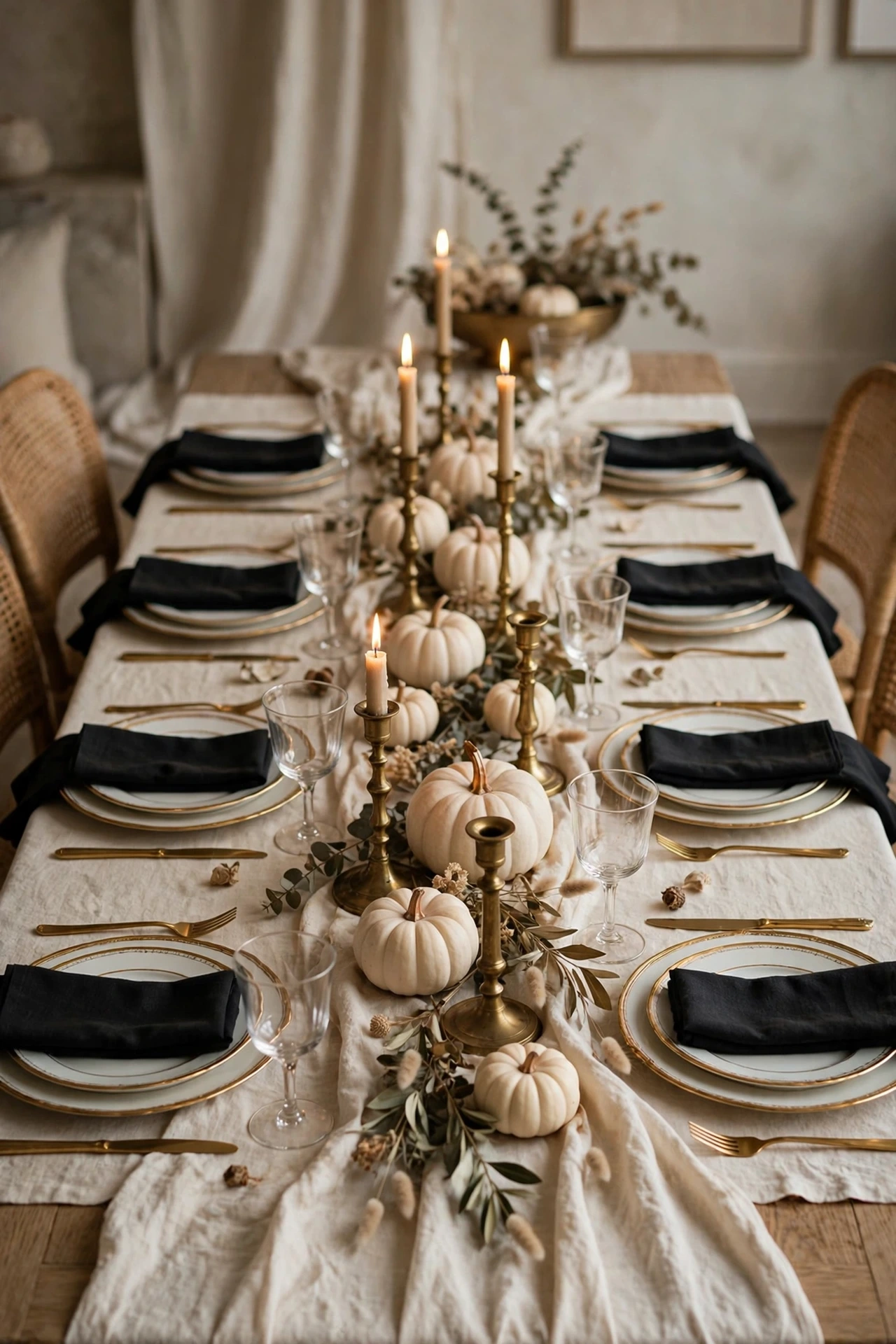 Cream linen tablescape with gold-rimmed plates, black napkins and brass candlesticks