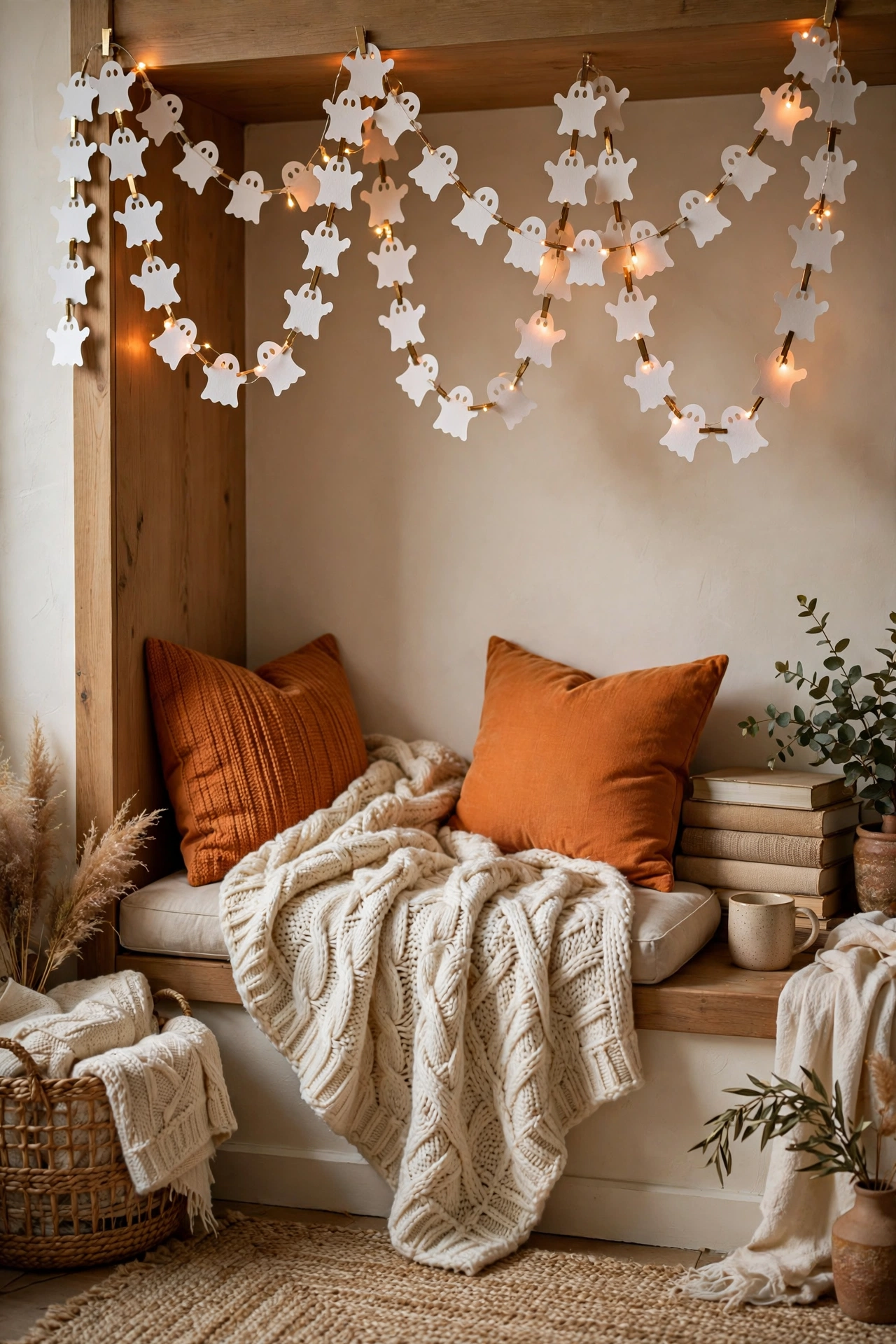 DIY white paper ghost chain garland with tiny warm lights in a cozy reading nook