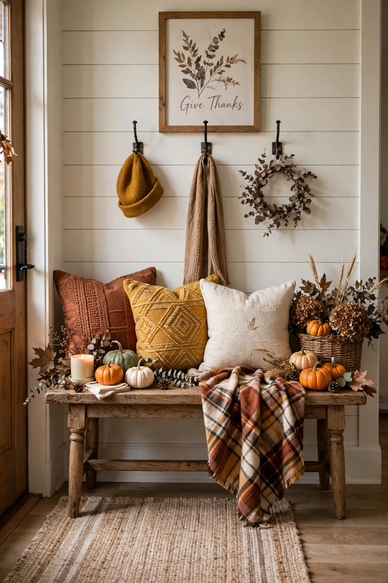 Entryway bench with rust, mustard and cream autumn throw pillows