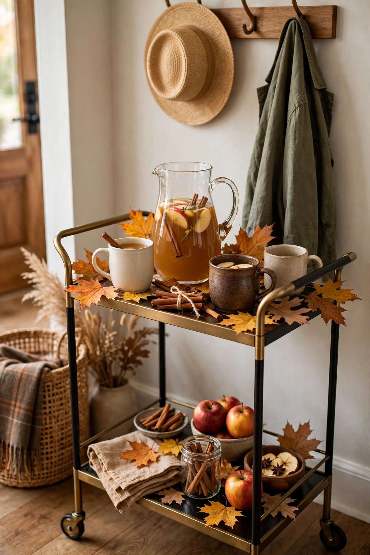 Apple cider station with pitcher, mugs and cinnamon on an entryway bar cart