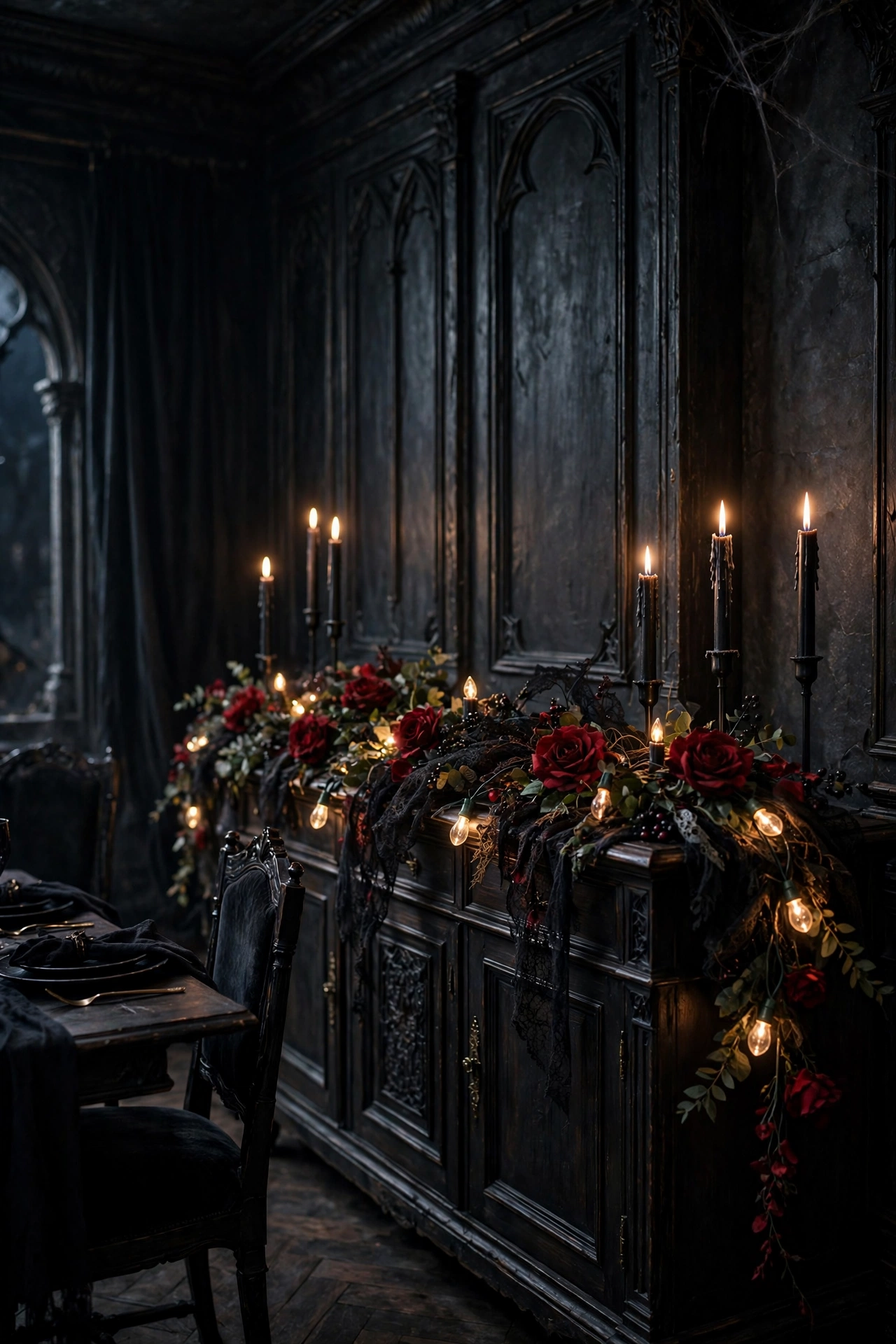 Gothic dining room sideboard with black lace garland, red roses and flickering candle-style string lights