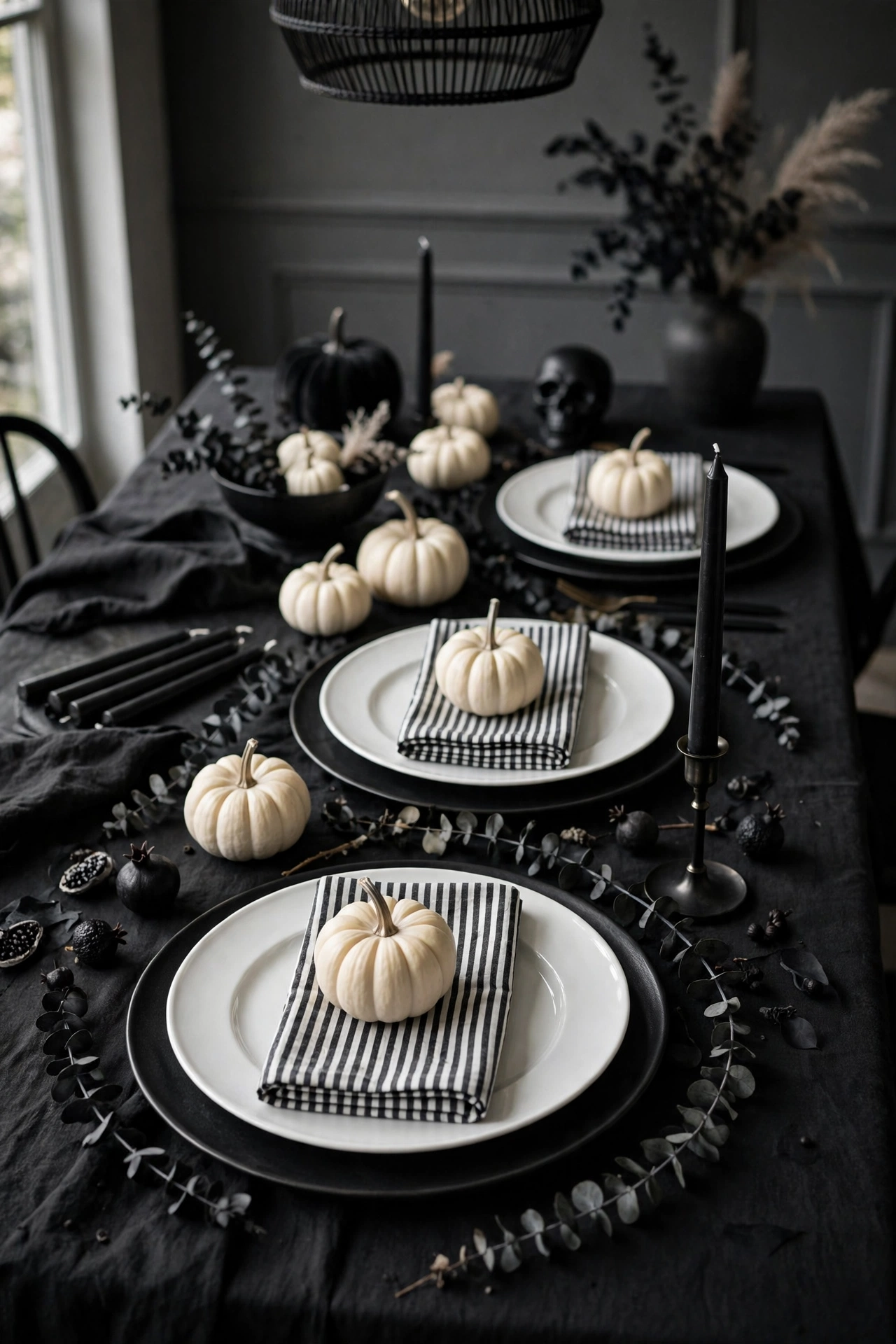 Black and white Halloween table setting with white plates on black chargers