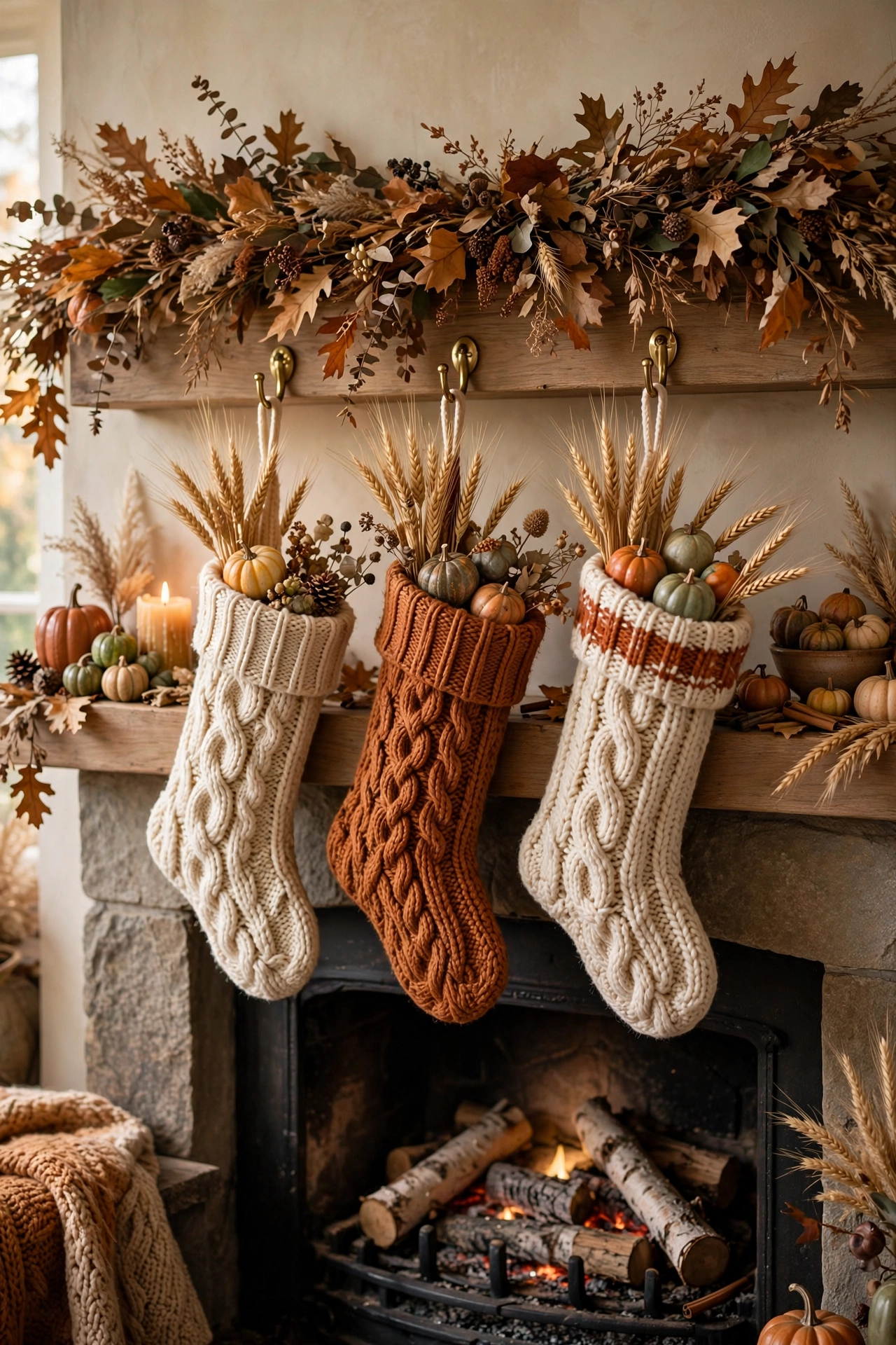 Chunky knit stockings filled with wheat and gourds hanging on a Thanksgiving mantel