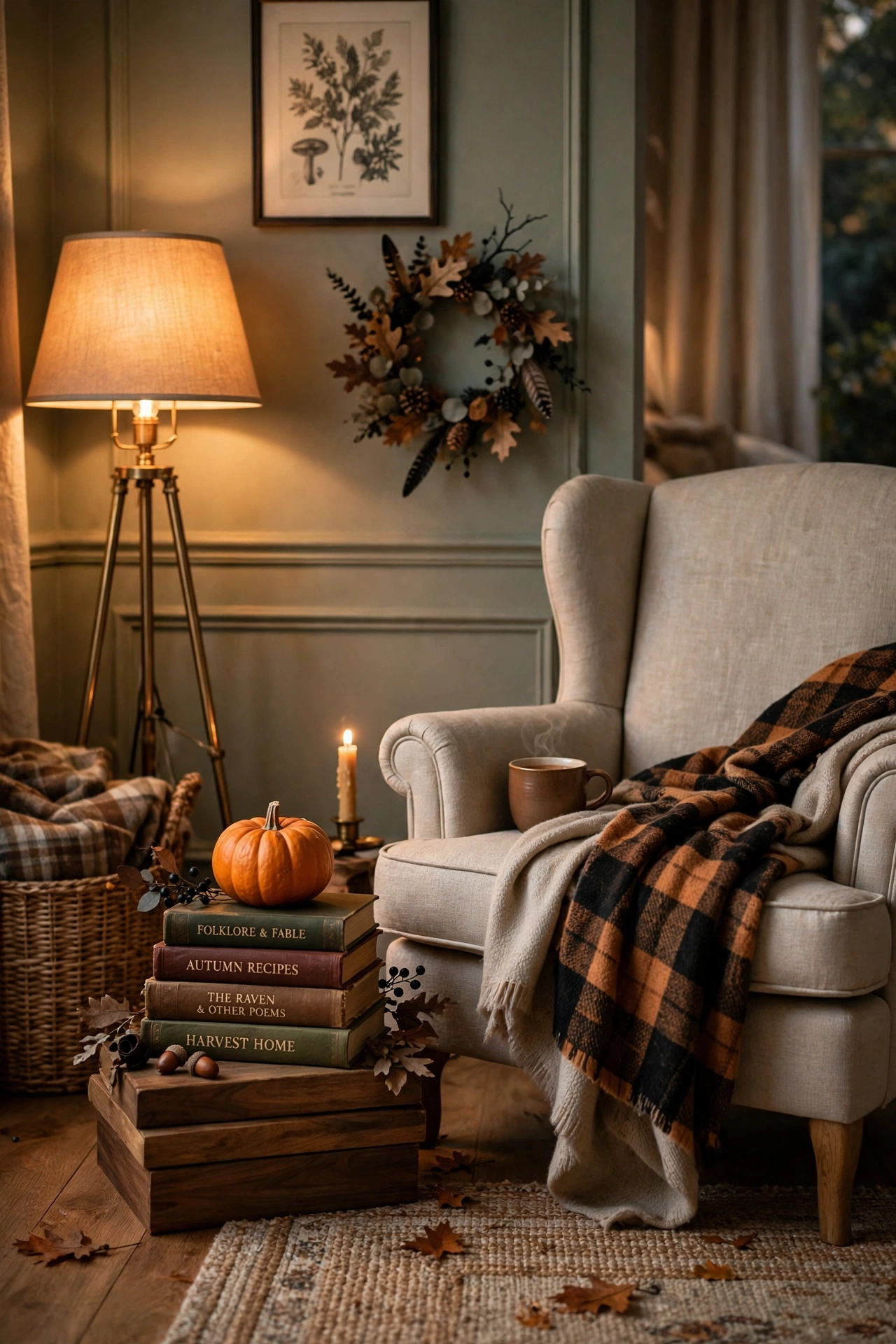 Cozy reading nook with plaid throws, pumpkin on books and warm lamplight