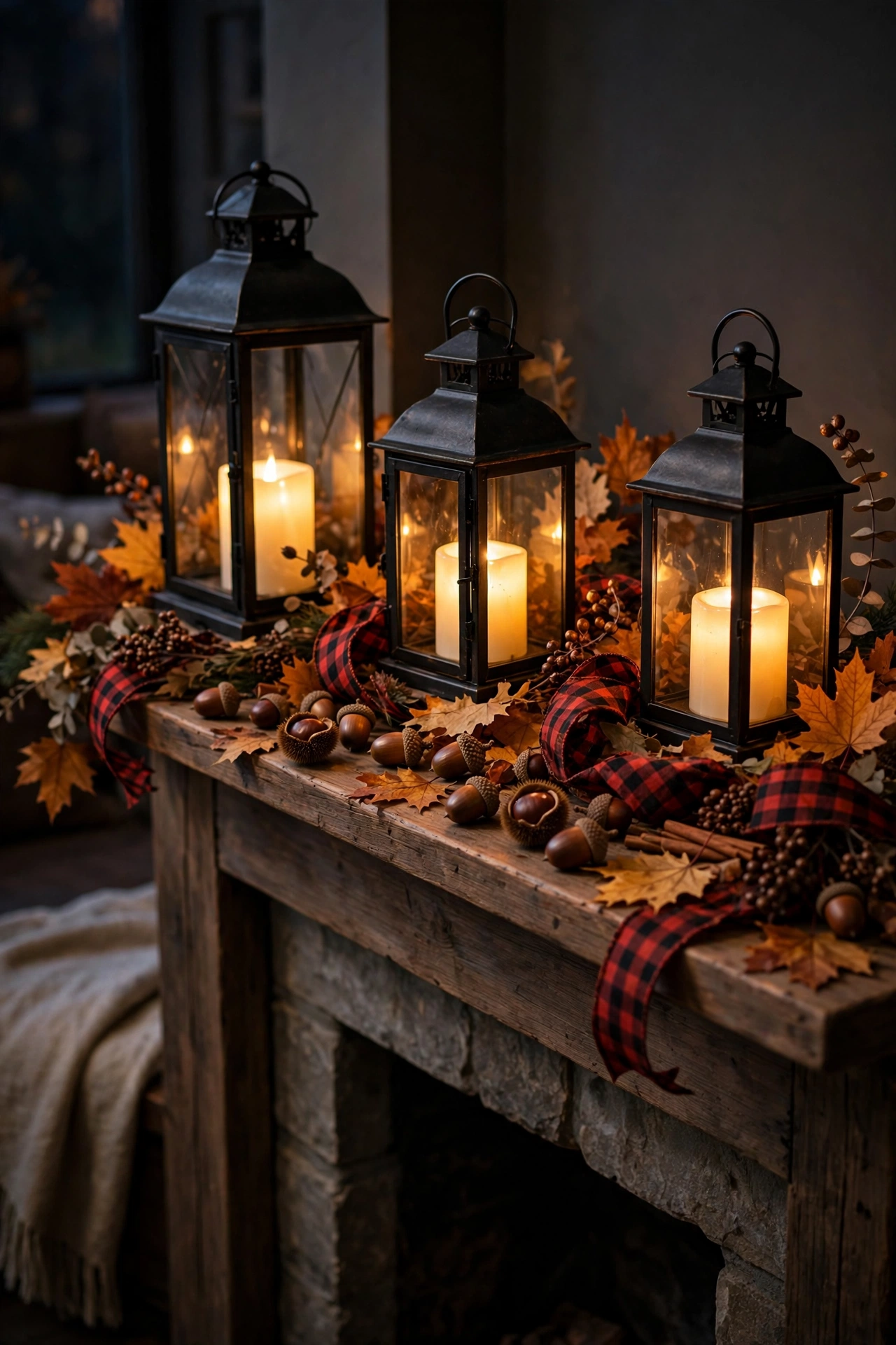 Black metal lanterns with glowing candles surrounded by acorns on a Thanksgiving mantel