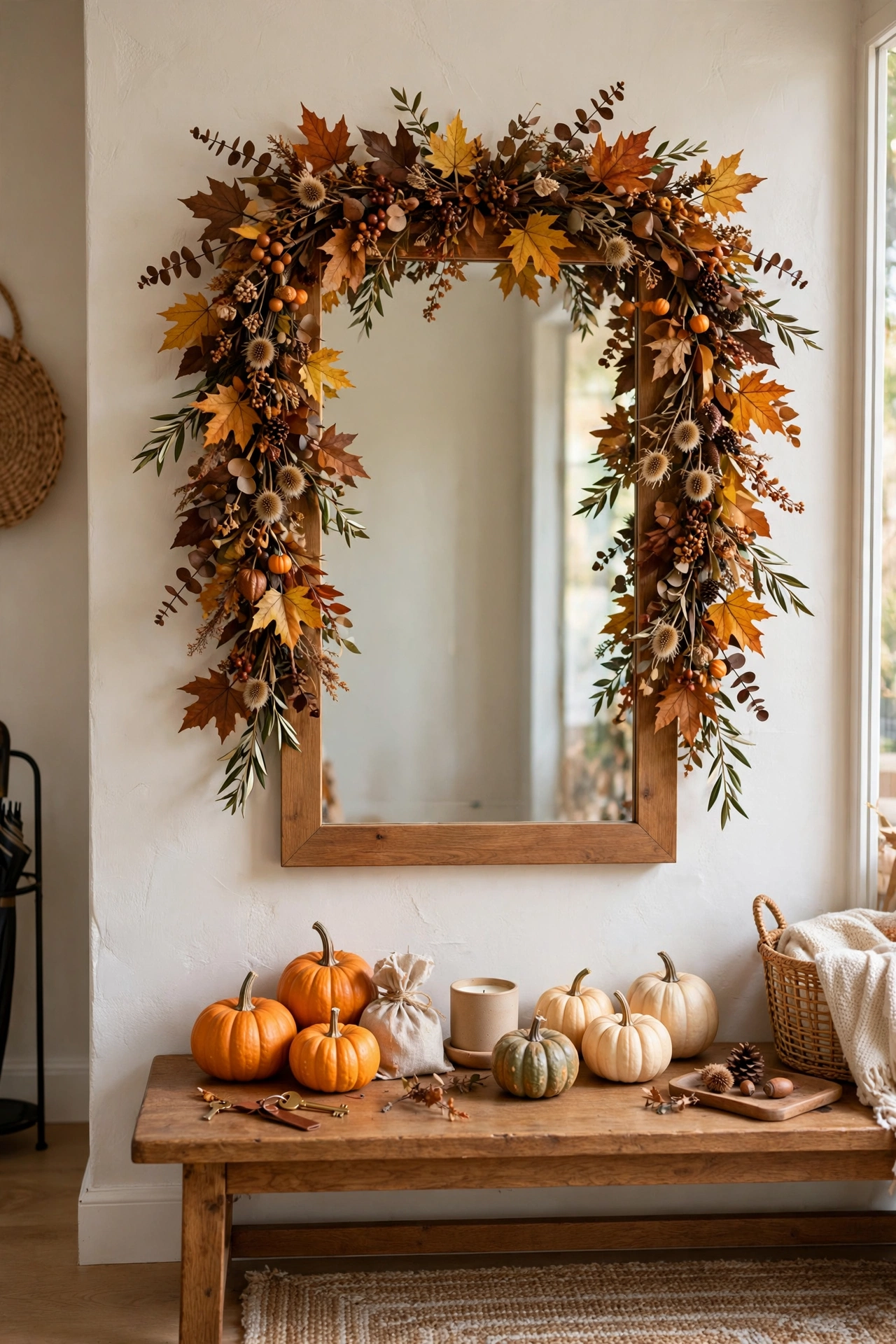 Entryway mirror framed with fall leaf garland above a console table