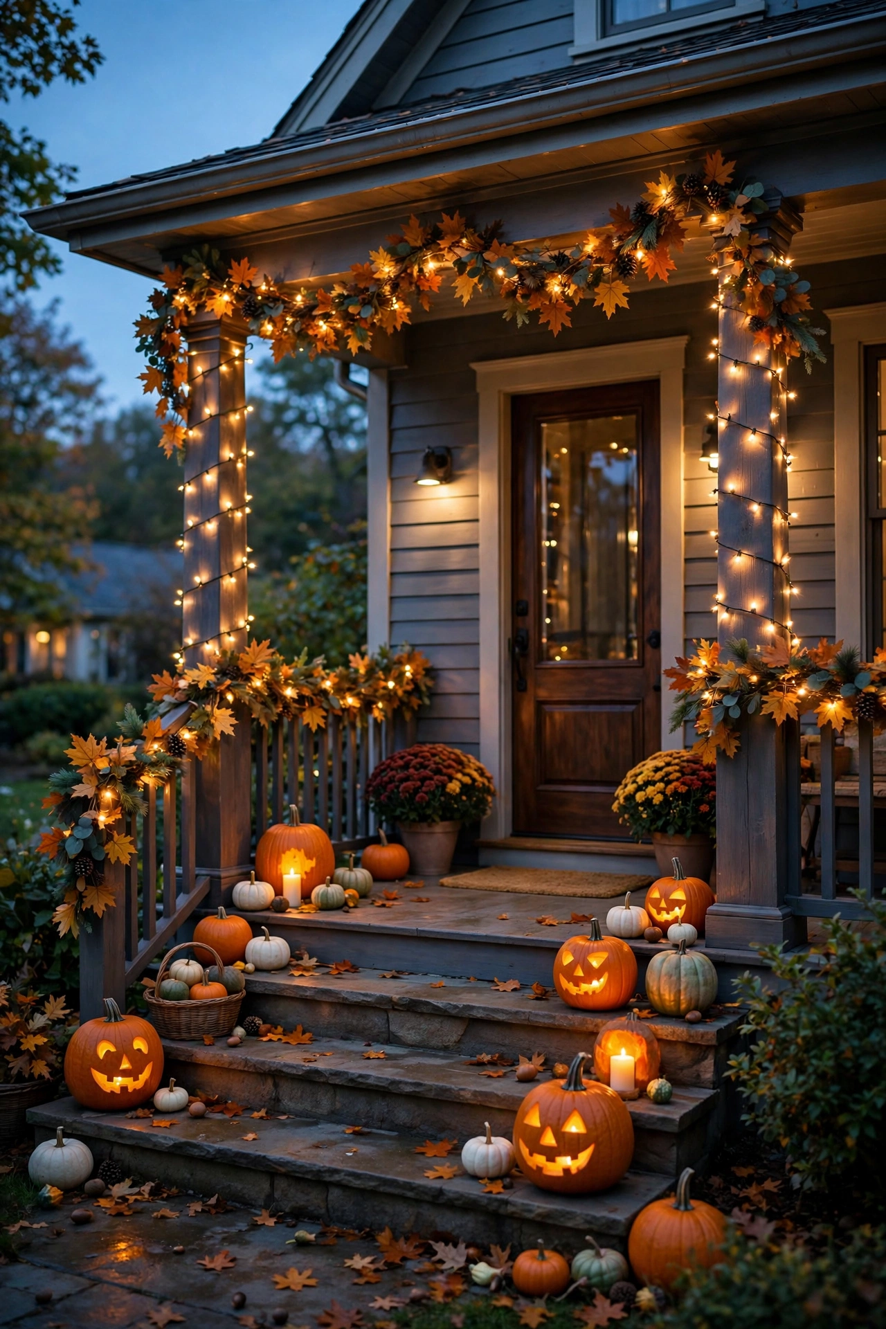 Welcoming front porch at dusk with fall leaf garland, pumpkins and weatherproof warm string lights on columns