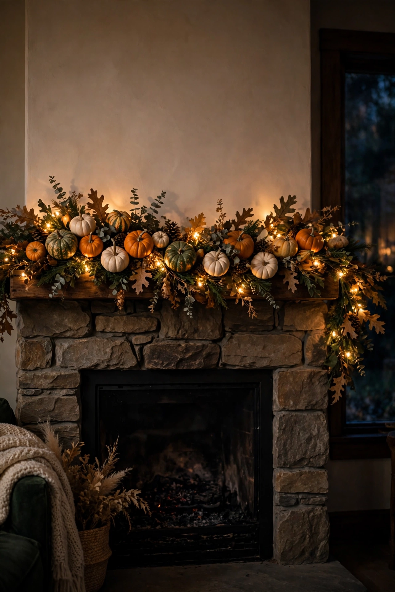 Halloween fireplace mantel decorated with a pumpkin garland and warm fairy lights