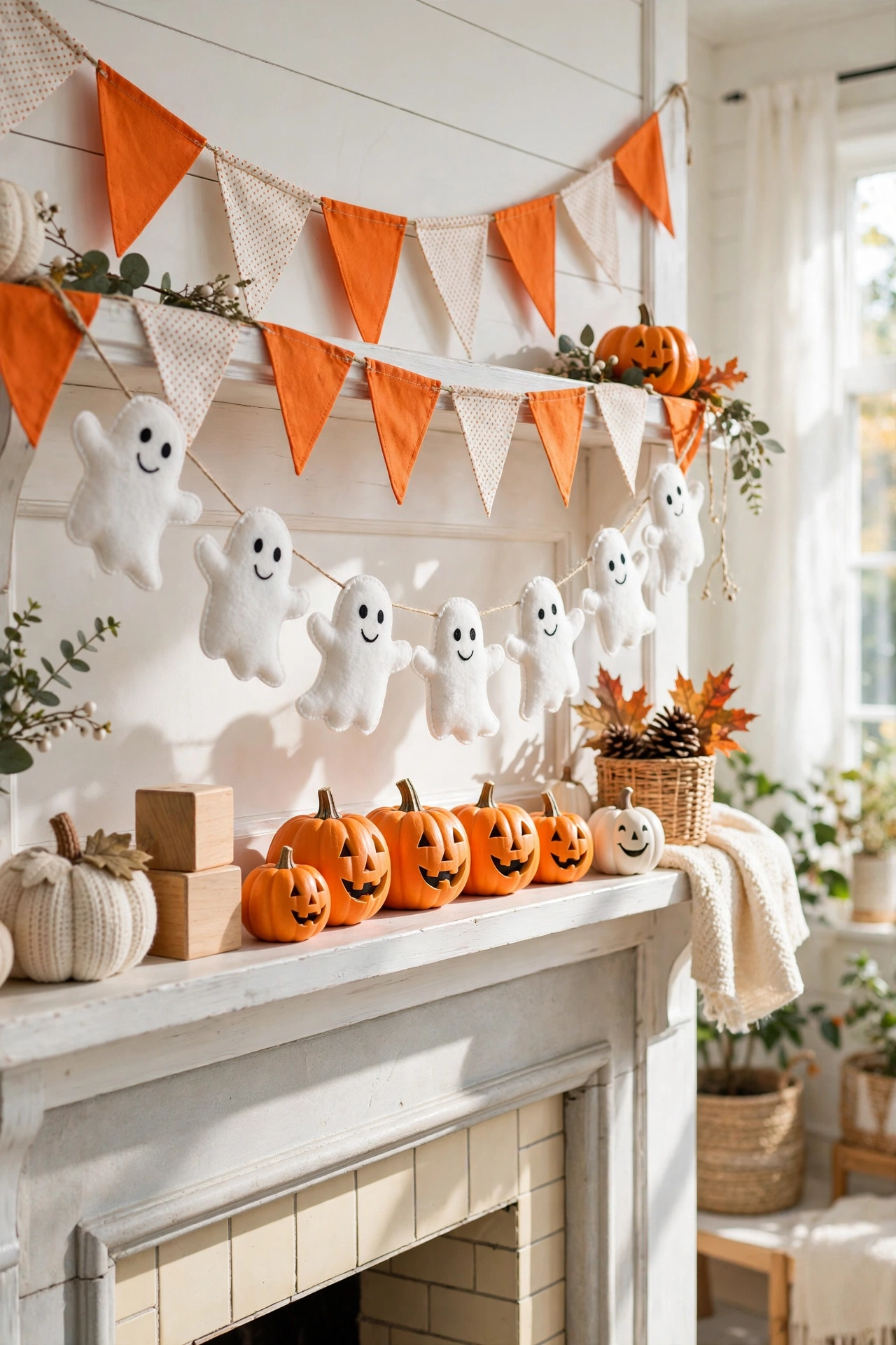 Kid-friendly Halloween mantel with white felt ghost garland