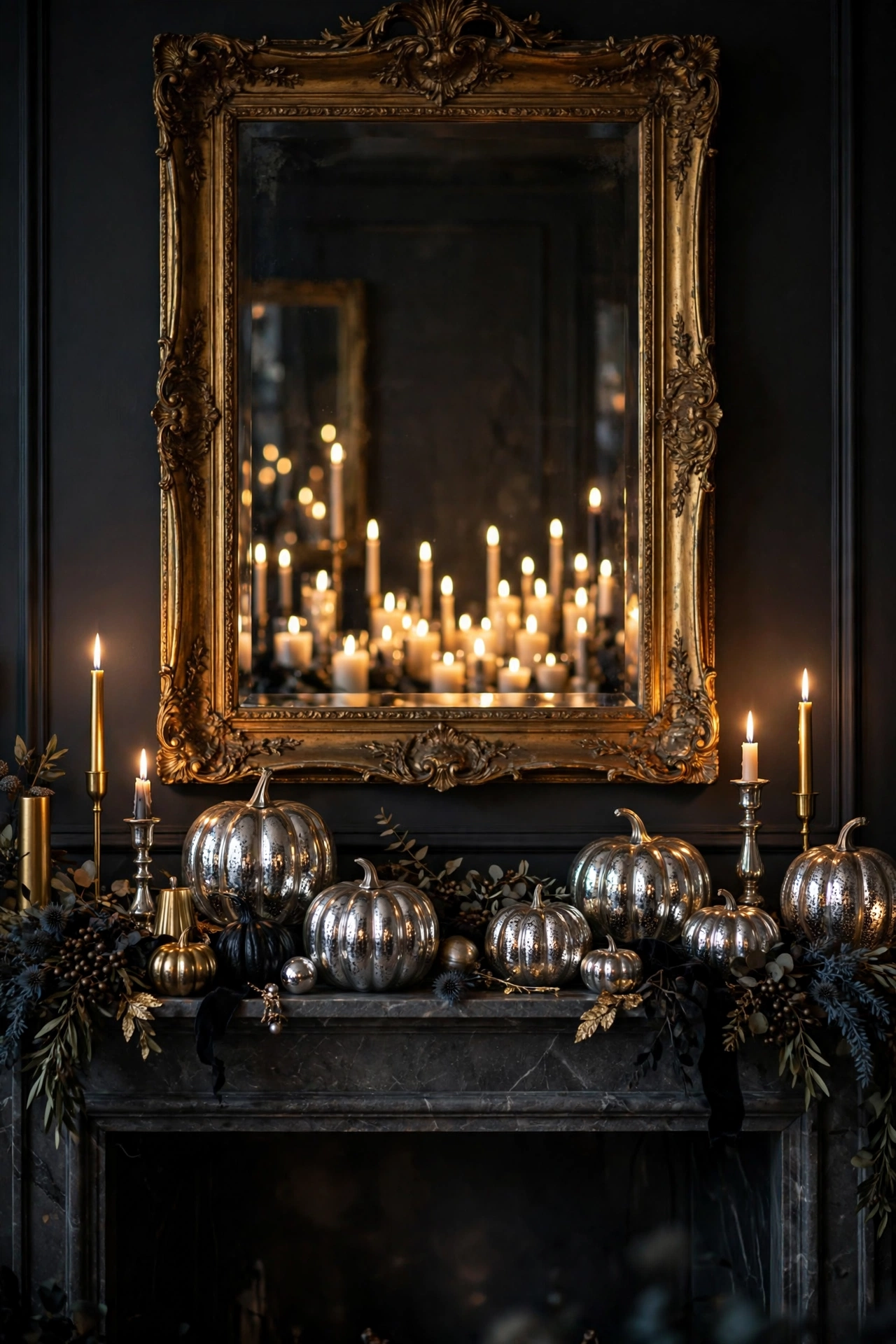 Elegant Halloween mantel with ornate mirror reflecting candlelight