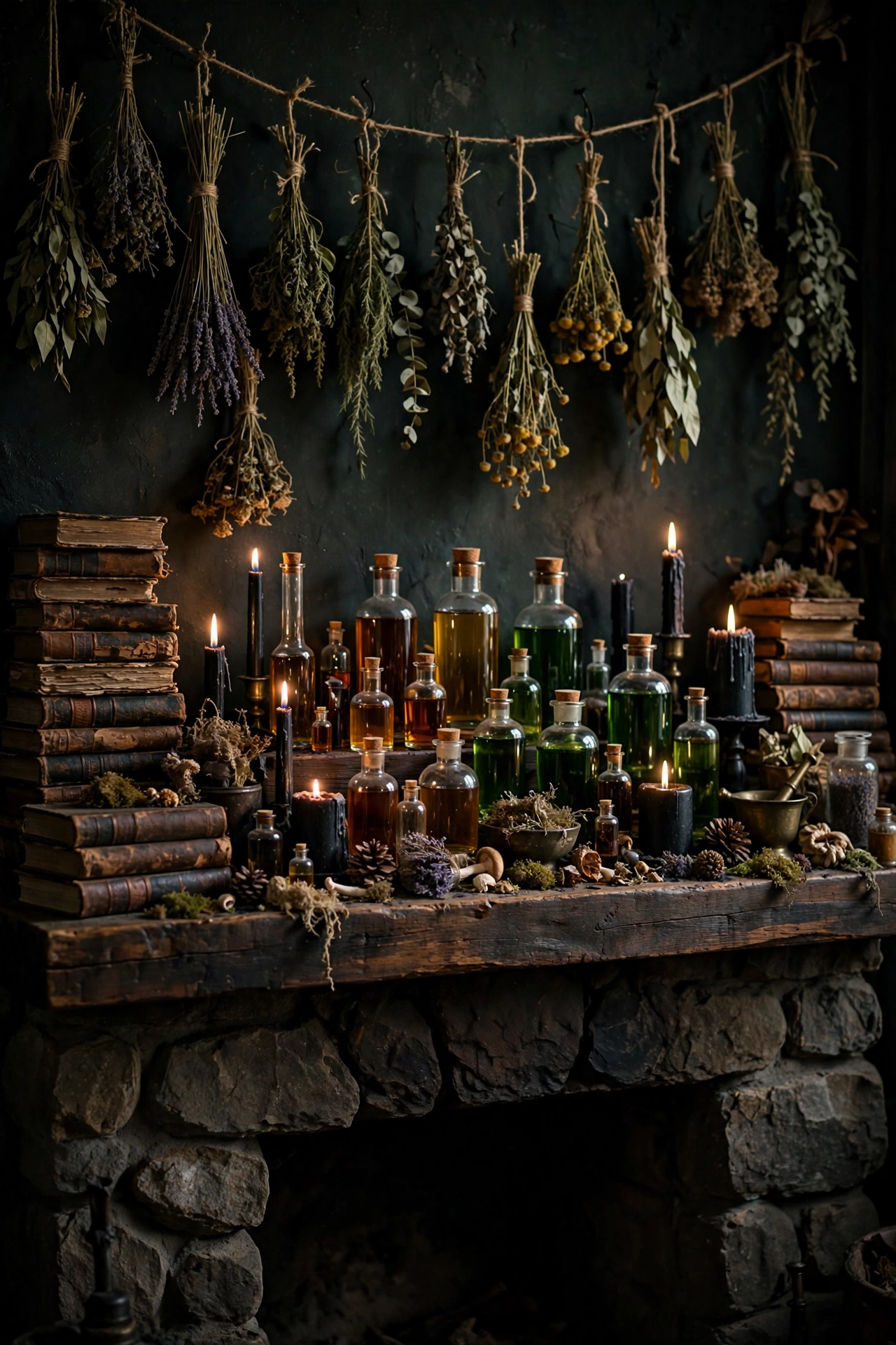Halloween mantel styled as witch apothecary with spell books and potion bottles