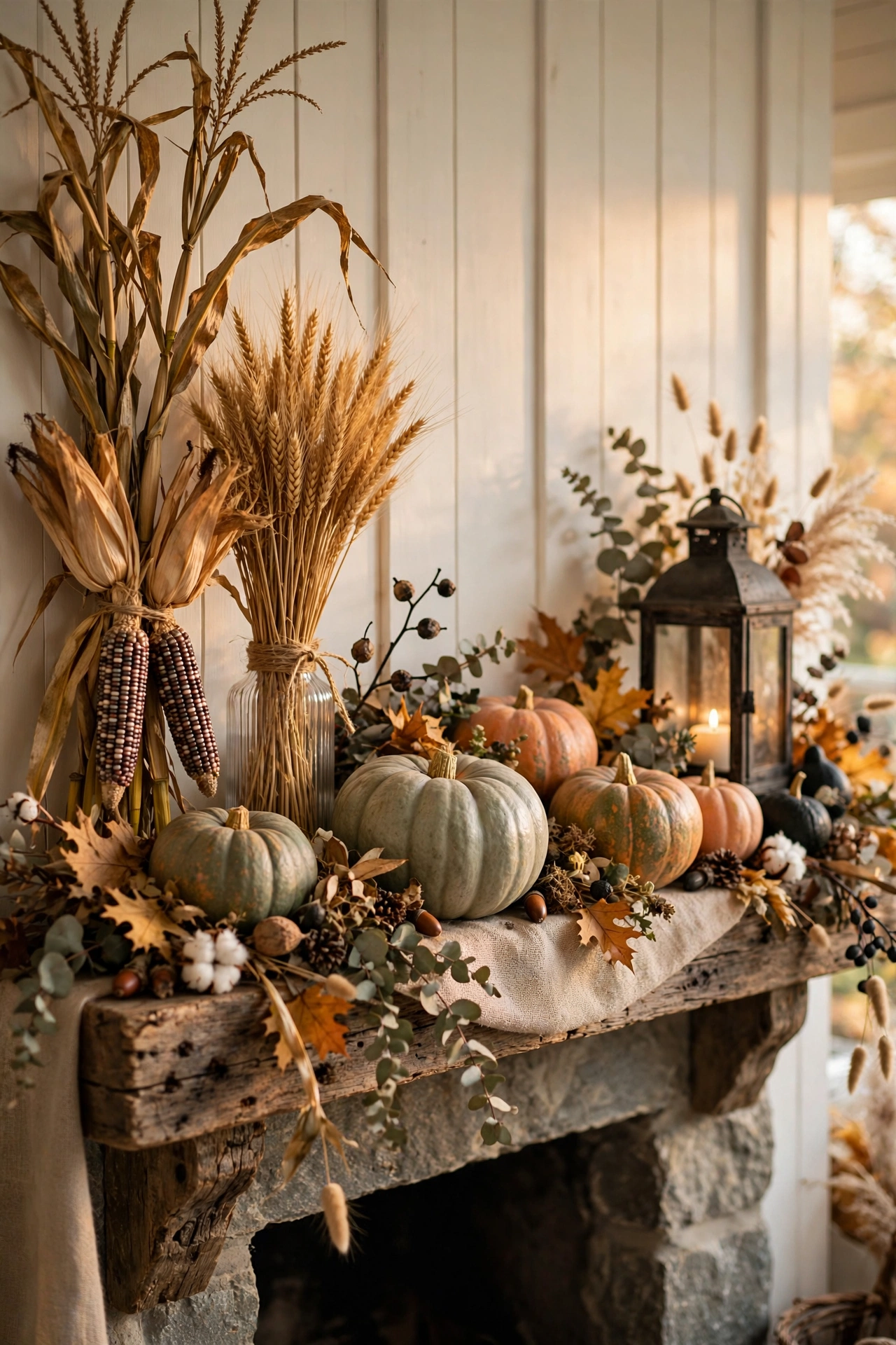 Rustic Halloween mantel with dried corn stalks wheat and heirloom pumpkins