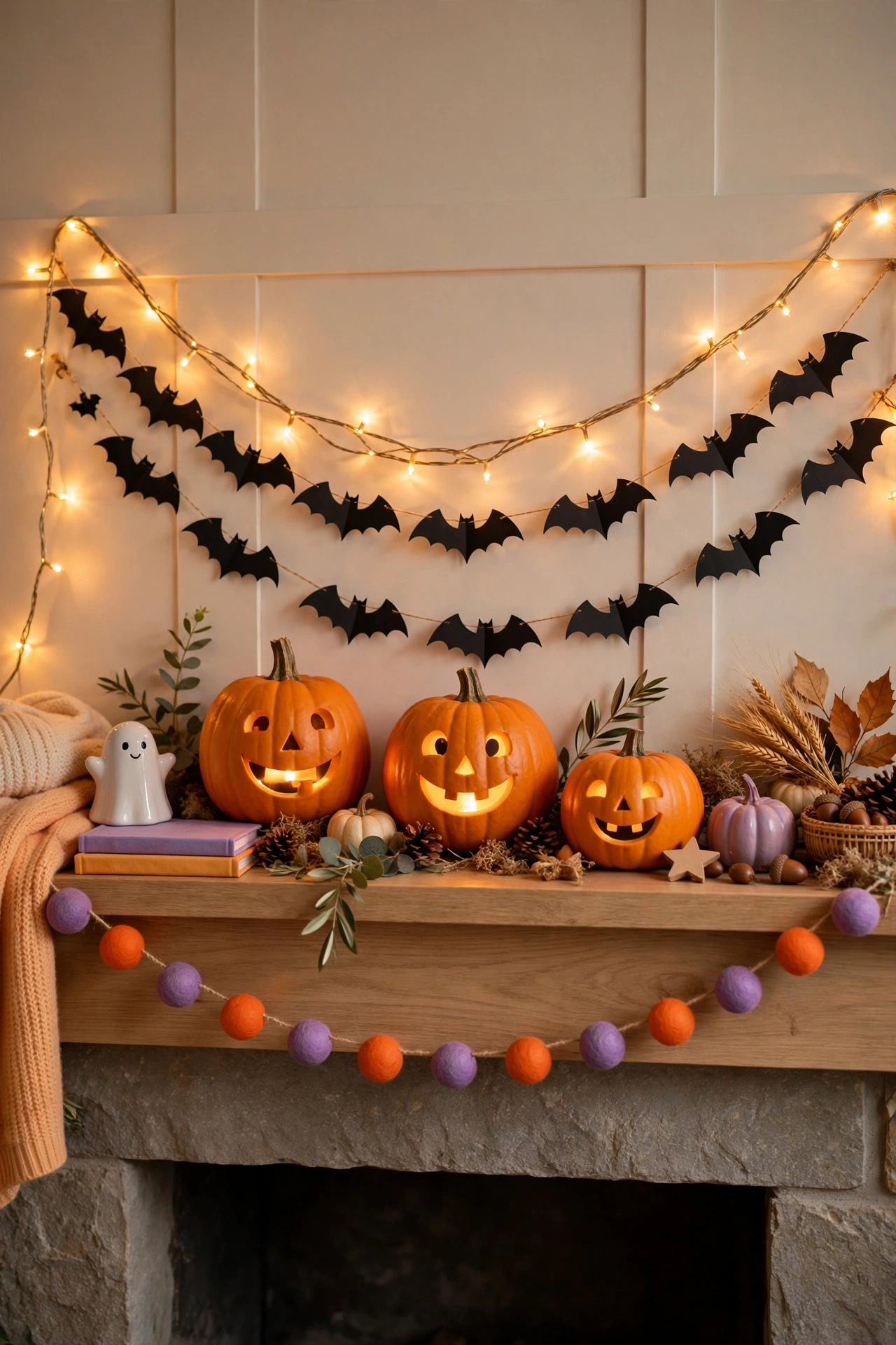 Cozy Halloween mantel with string lights and paper bat garland