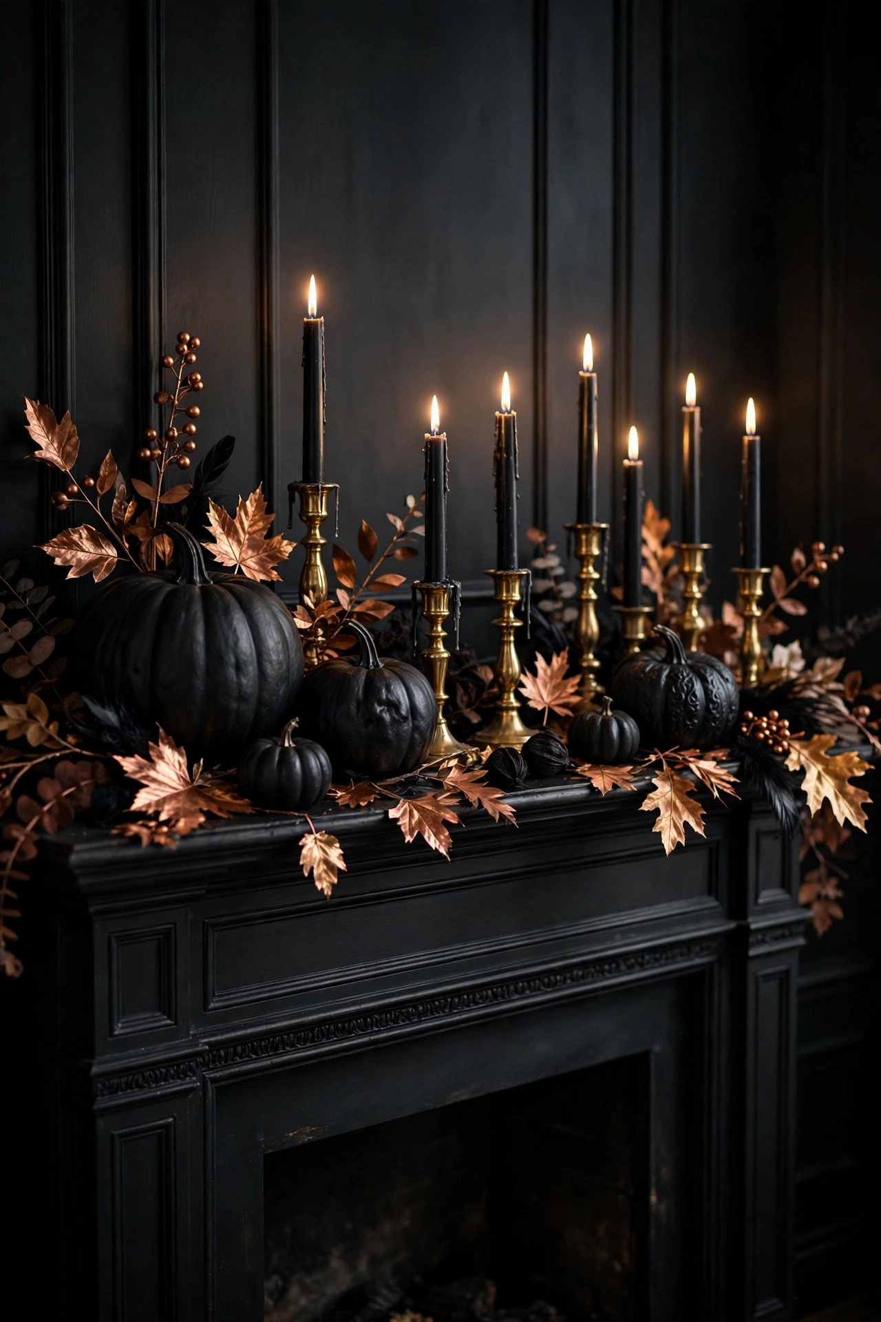 Dramatic all-black Halloween mantel with gold and copper metallic accents
