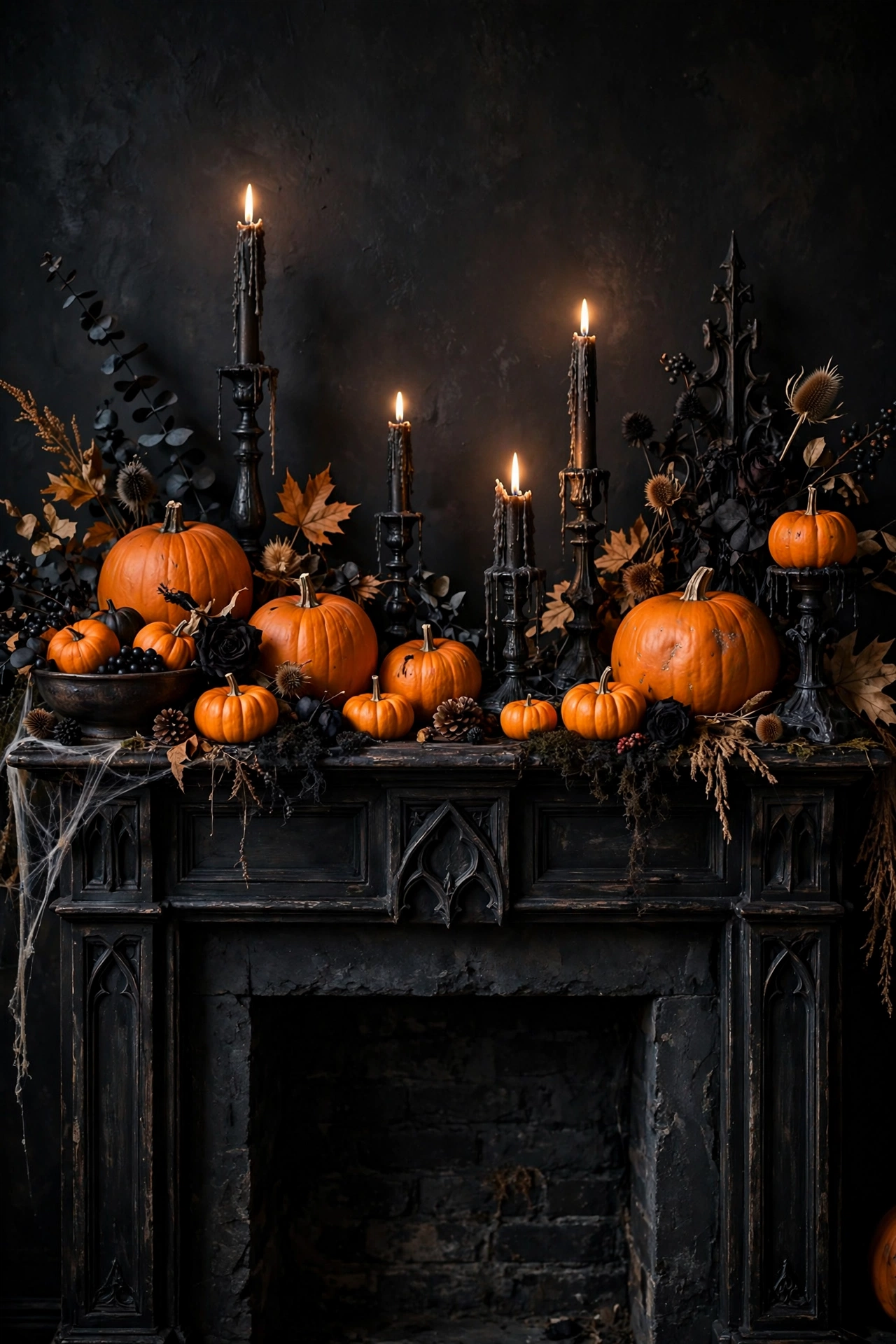 Moody black and orange Halloween mantel with candles and pumpkins