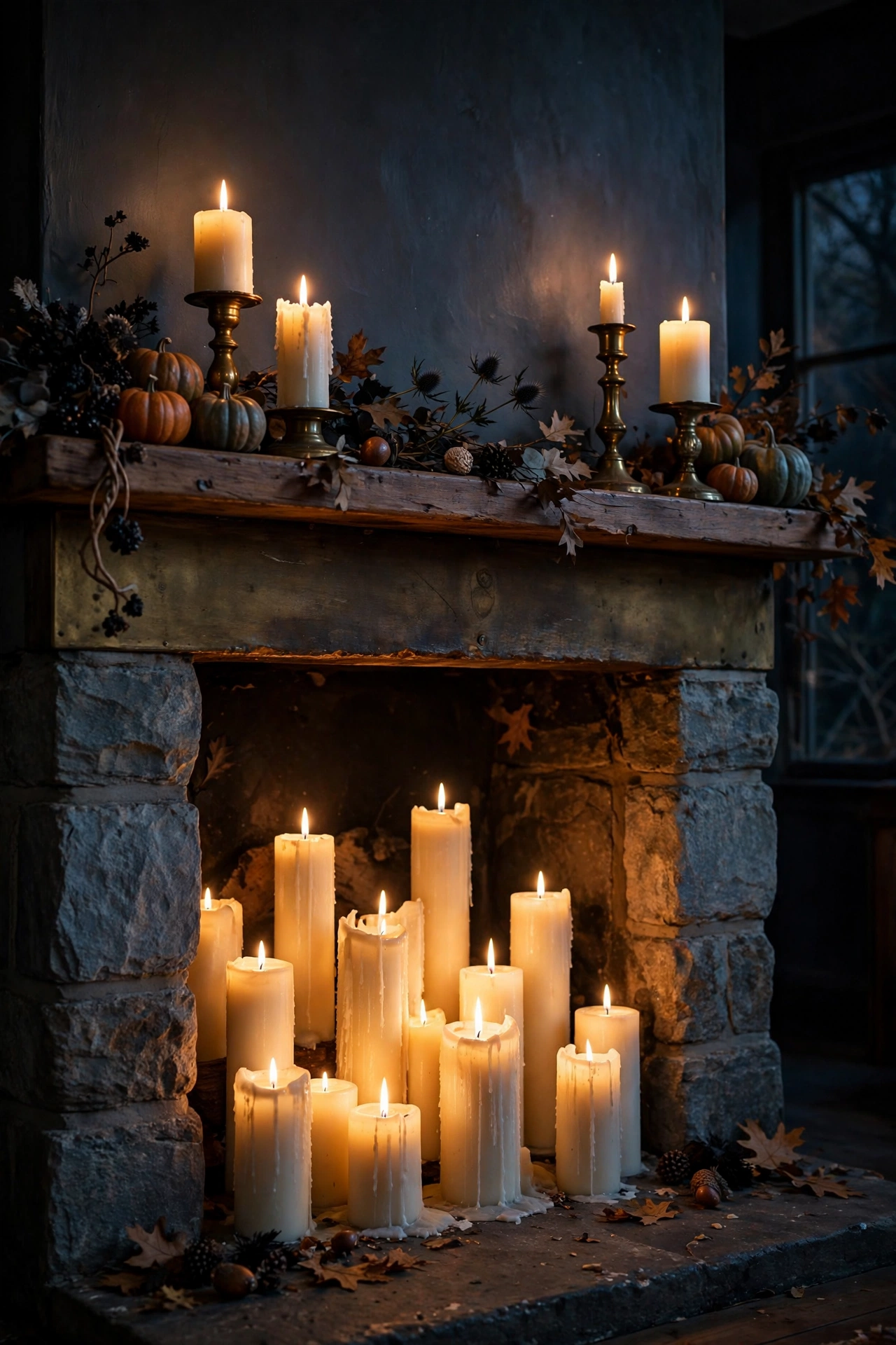 Fireplace firebox filled with glowing pillar candles for Halloween