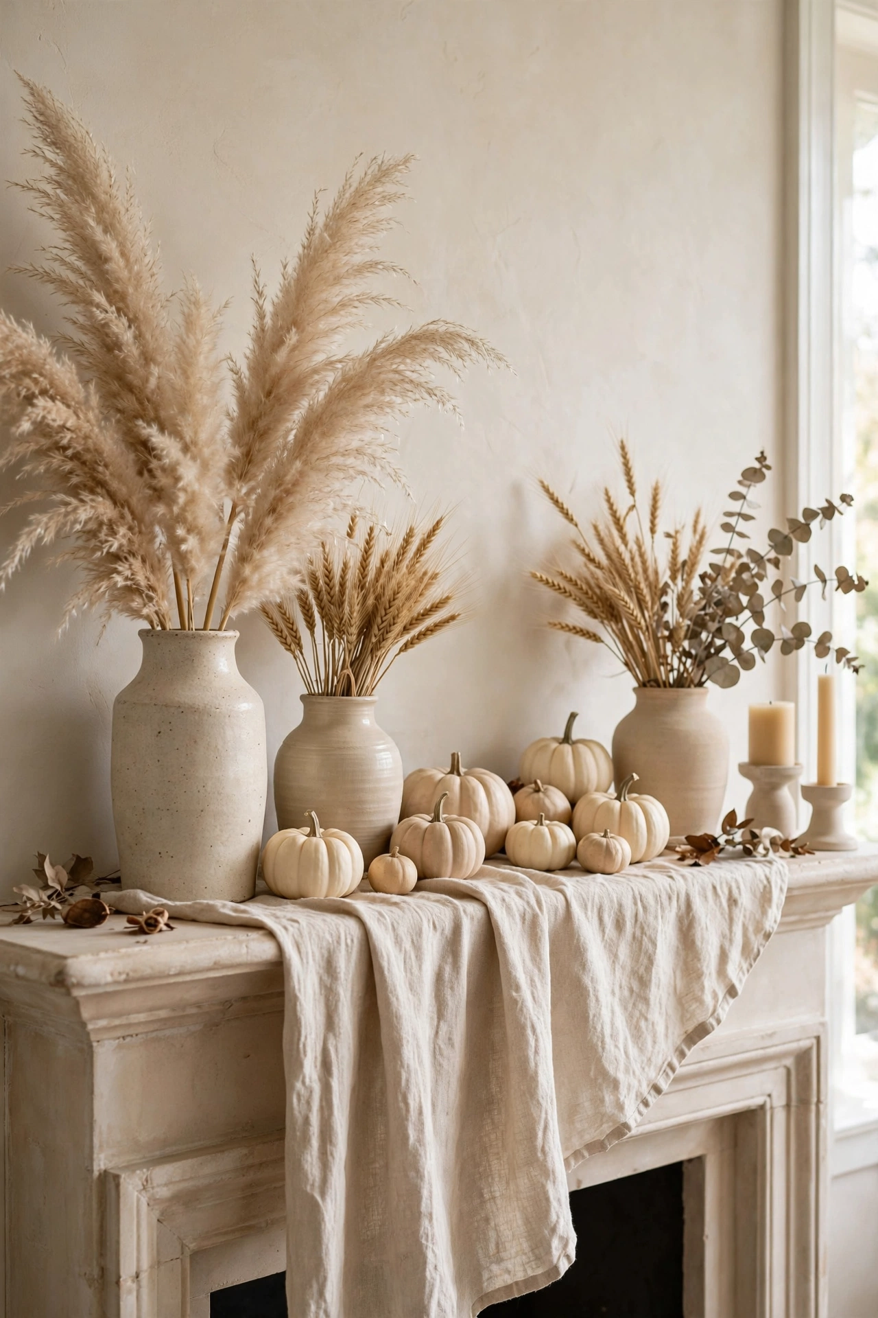 Neutral Halloween mantel with dried botanicals and cream pumpkins
