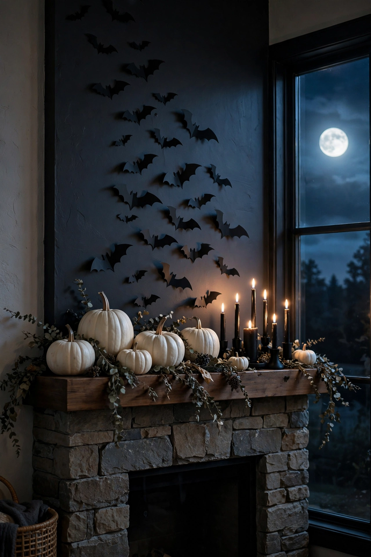 Black paper bats flying up the wall above a Halloween mantel