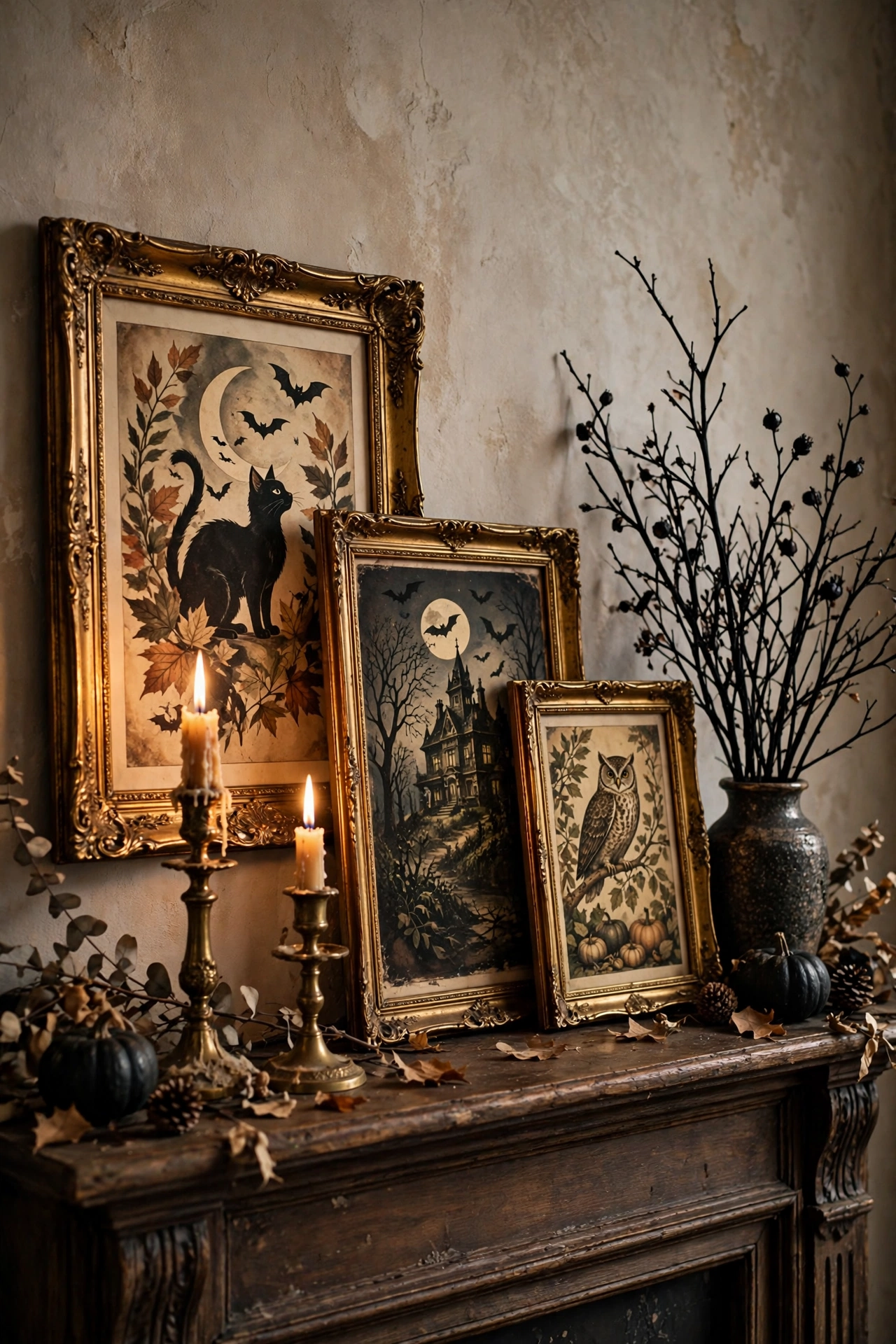 Vintage Halloween artwork in ornate gold frames on a mantel