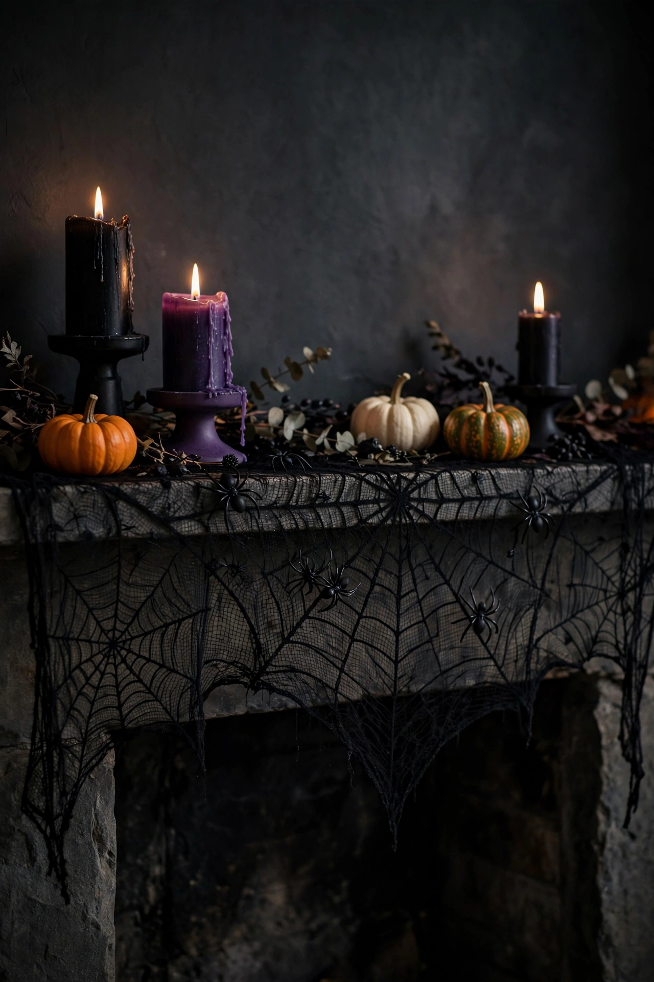Halloween mantel with black spiderweb lace runner and decorative spiders