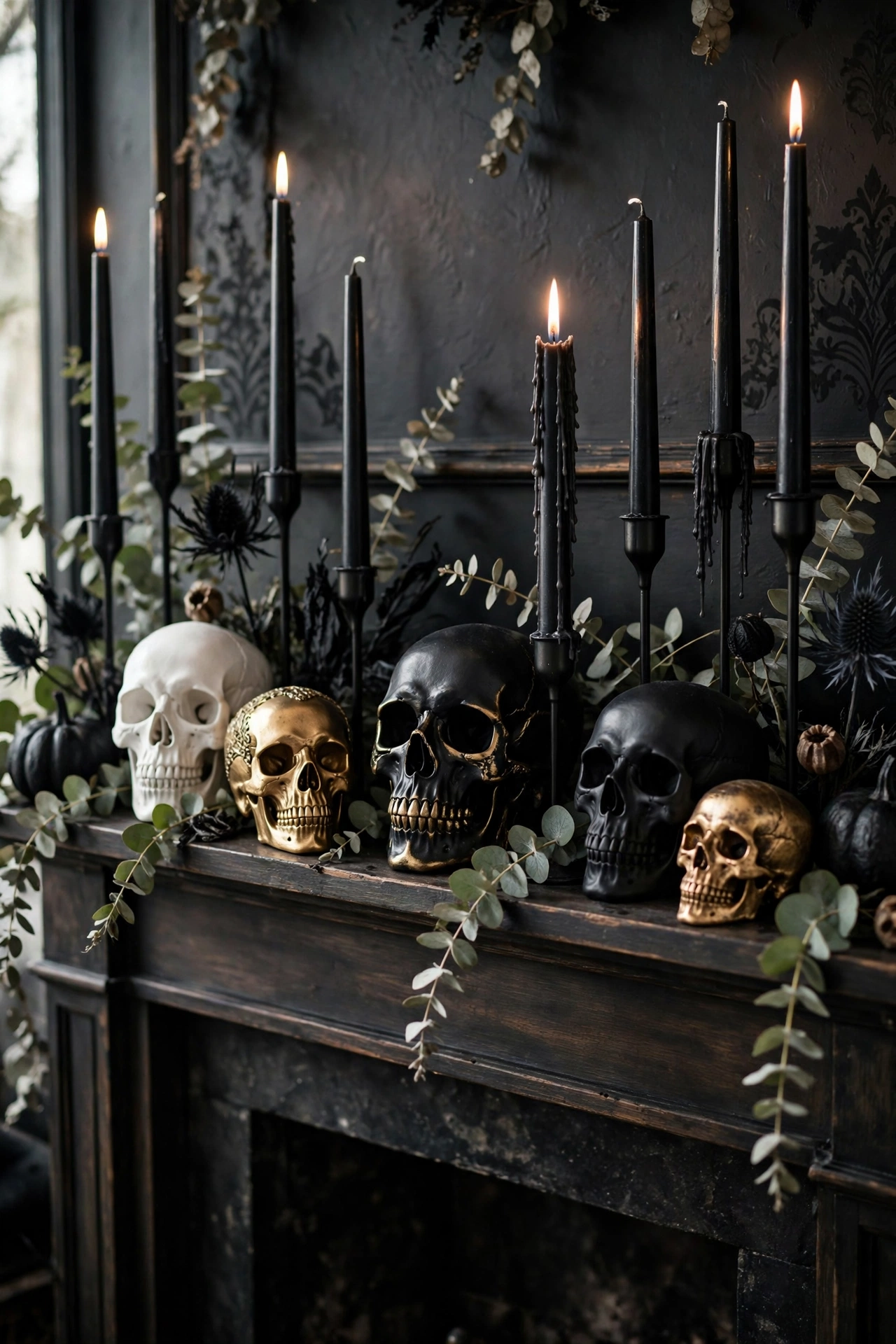 Chic Halloween mantel with decorative skull collection in white black and gold