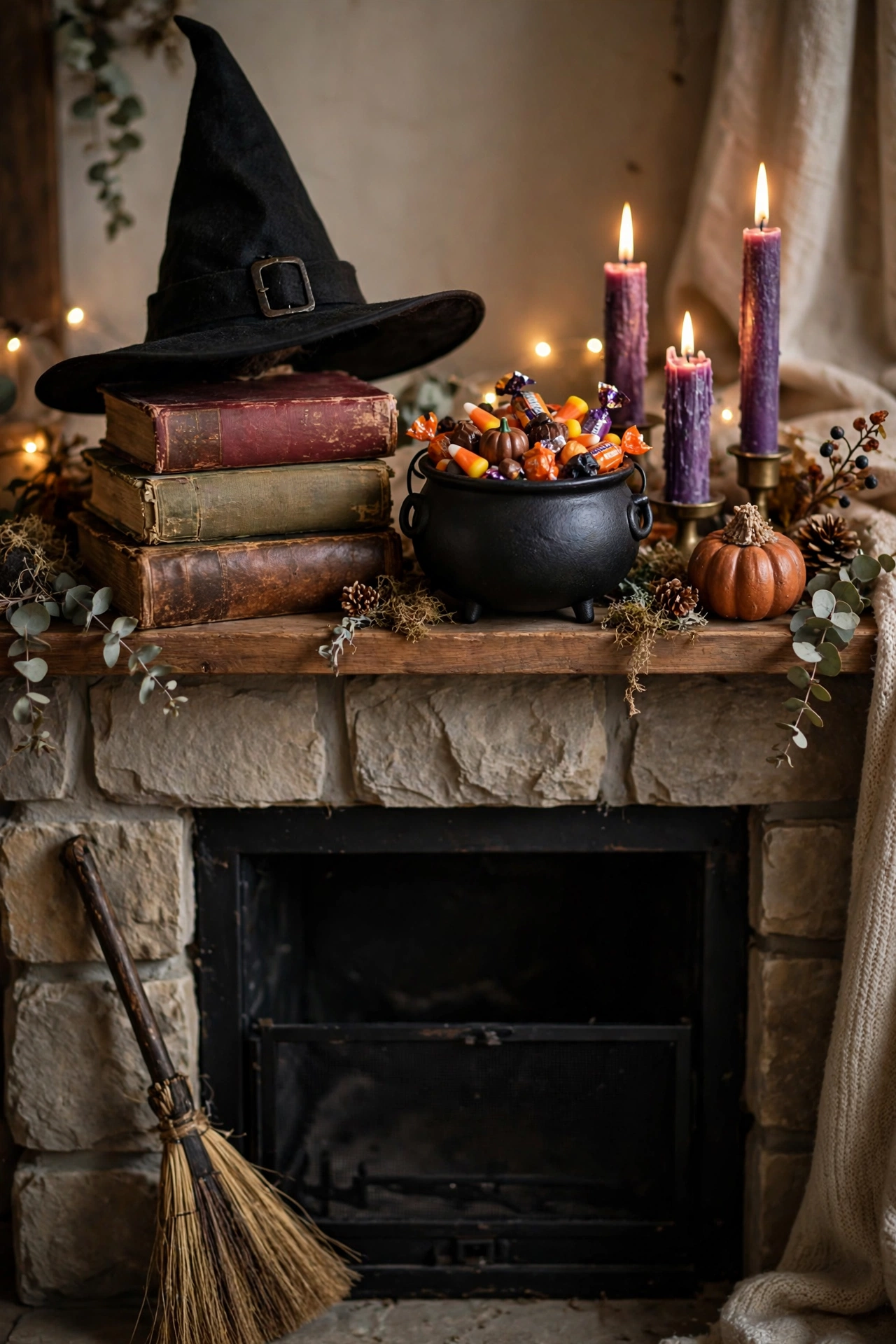 Whimsical Halloween mantel with witch hat broom and potion decor