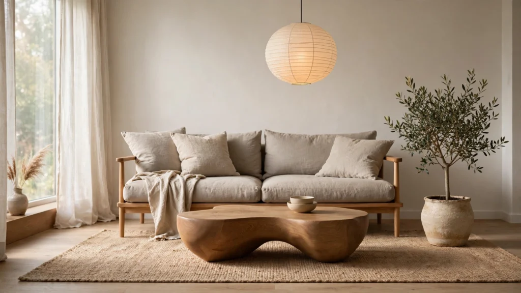 Serene Japandi living room with low oak furniture, paper lantern, and warm neutral palette