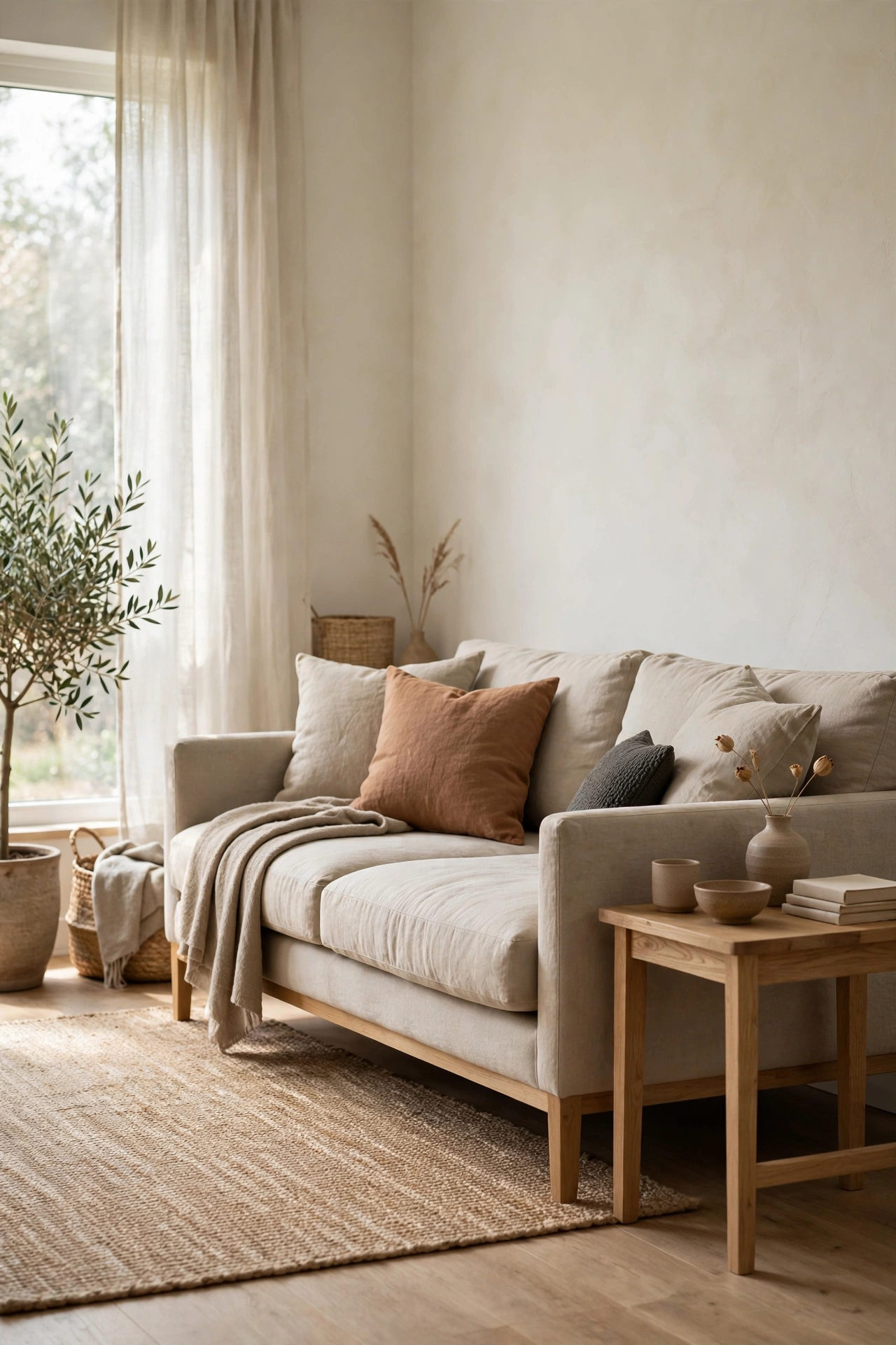 Japandi living room with warm white walls, greige sofa, and muted earthy palette