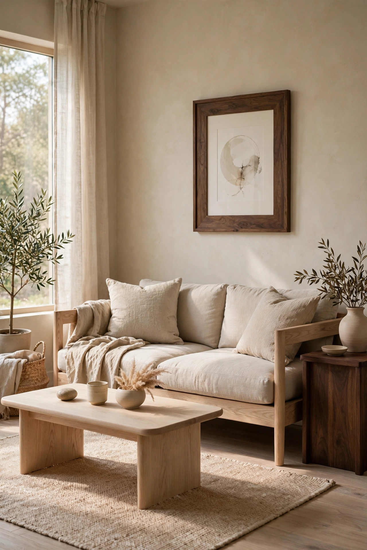 Japandi living room mixing pale oak furniture with dark walnut accent pieces