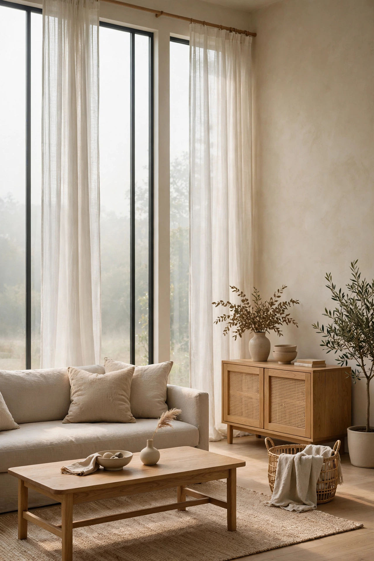 Light linen curtains filtering soft daylight in a calm Japandi living room